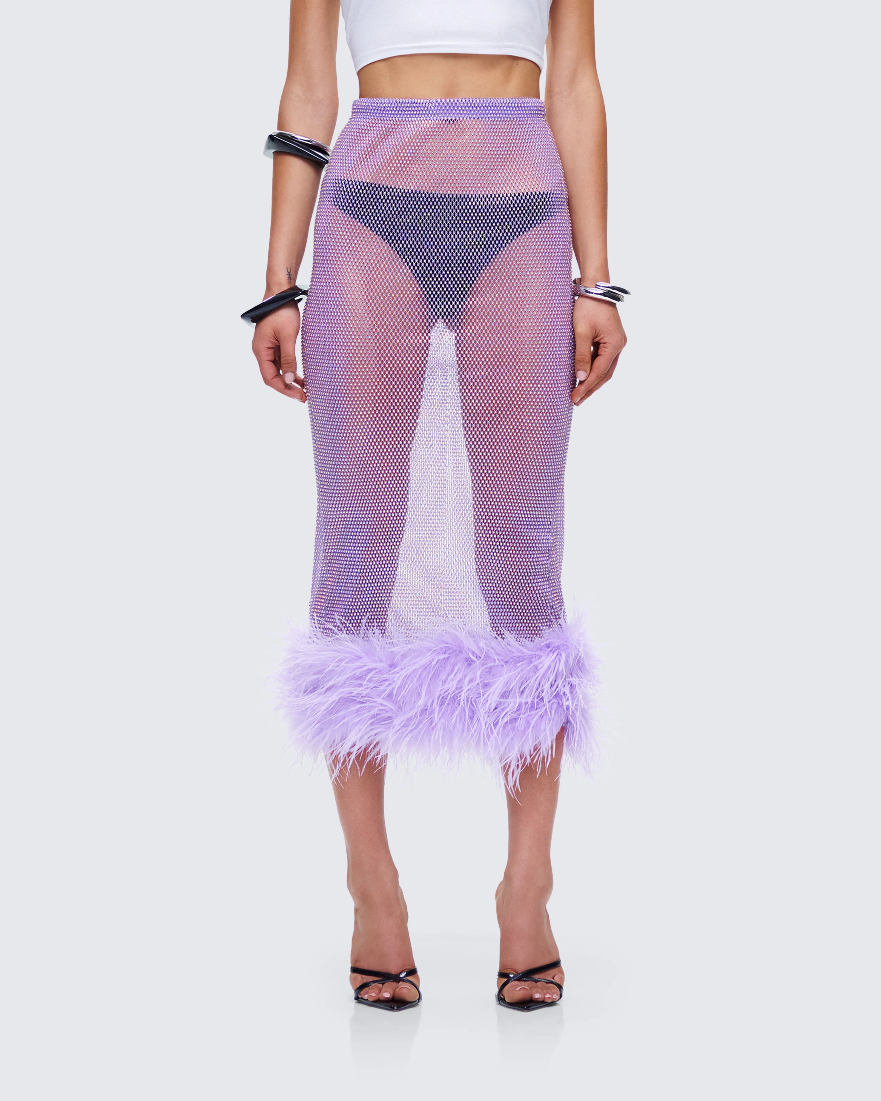 Ophira Lavender Rhinestone Feather Trim Skirt - Image 4