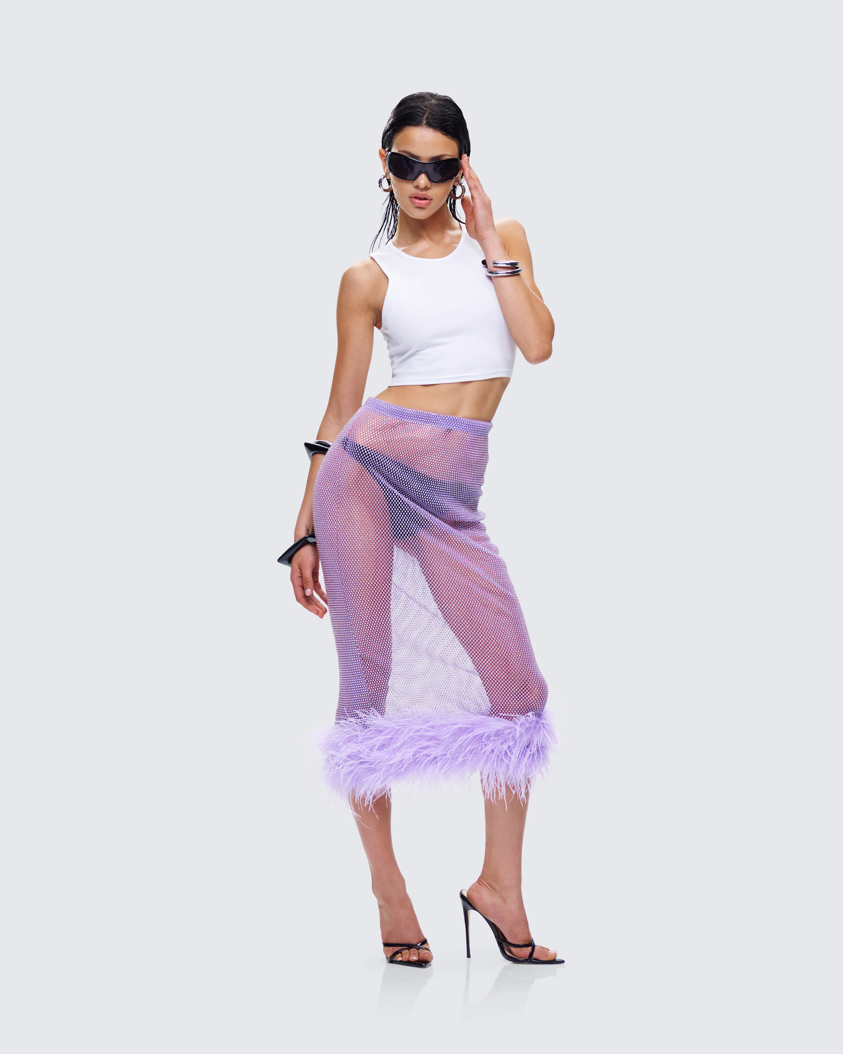 Ophira Lavender Rhinestone Feather Trim Skirt - Image 8