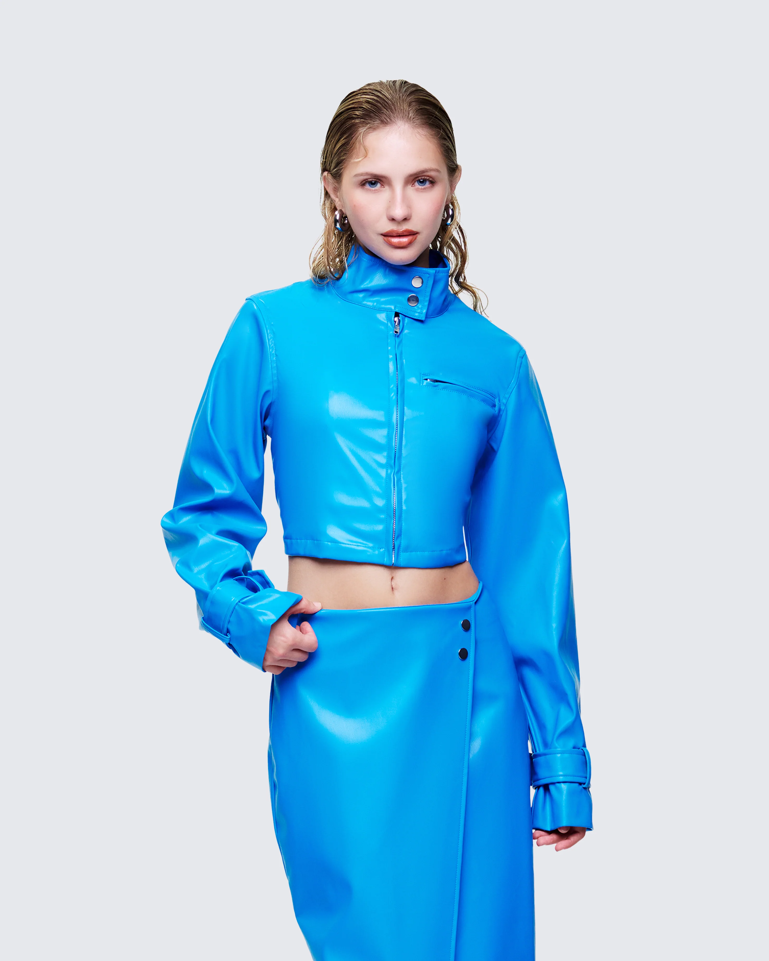 Orion Blue Vegan Leather Biker Jacket - Image 3