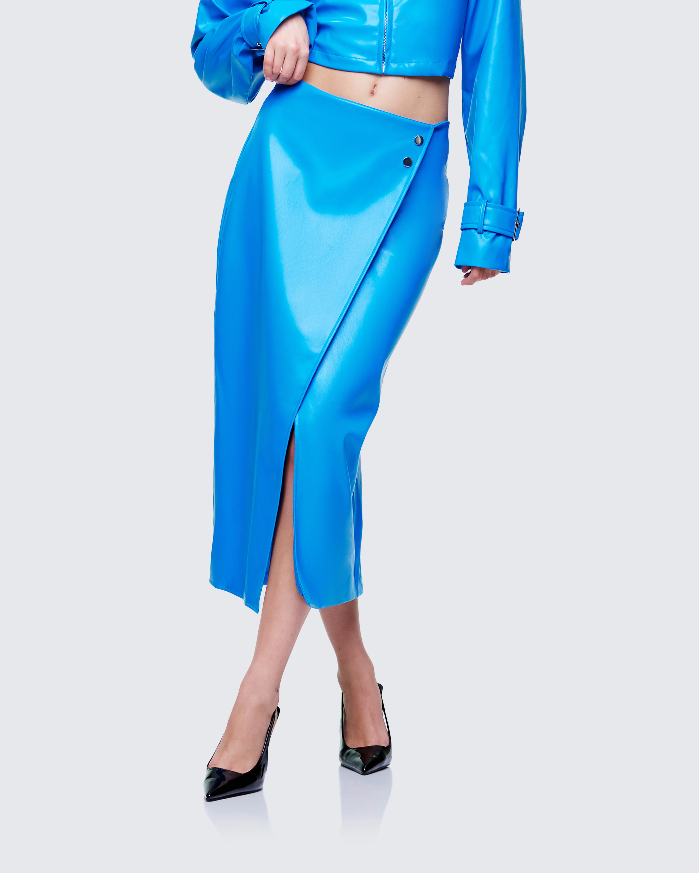 Orion Blue Vegan Leather Wrap Skirt - Image 3
