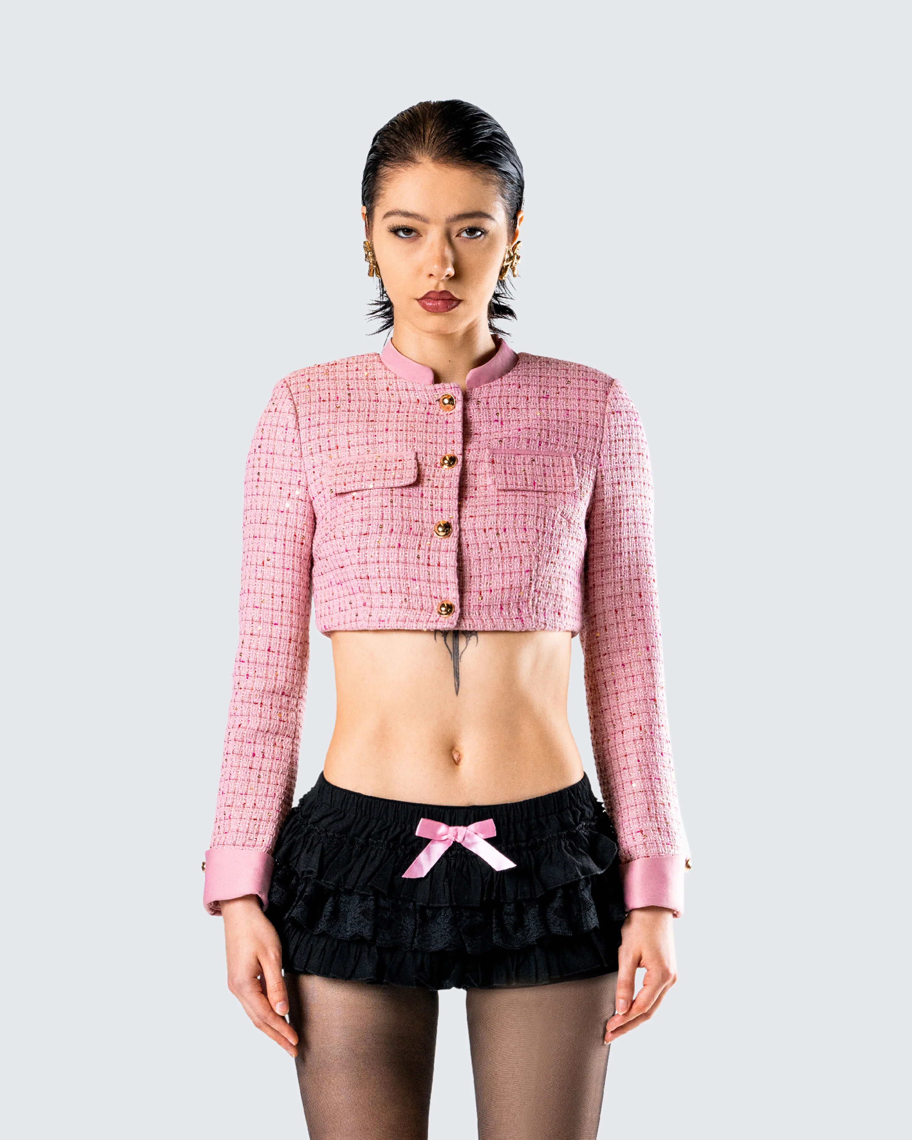 Pippa Pink Tweed Cropped Jacket - Image 4