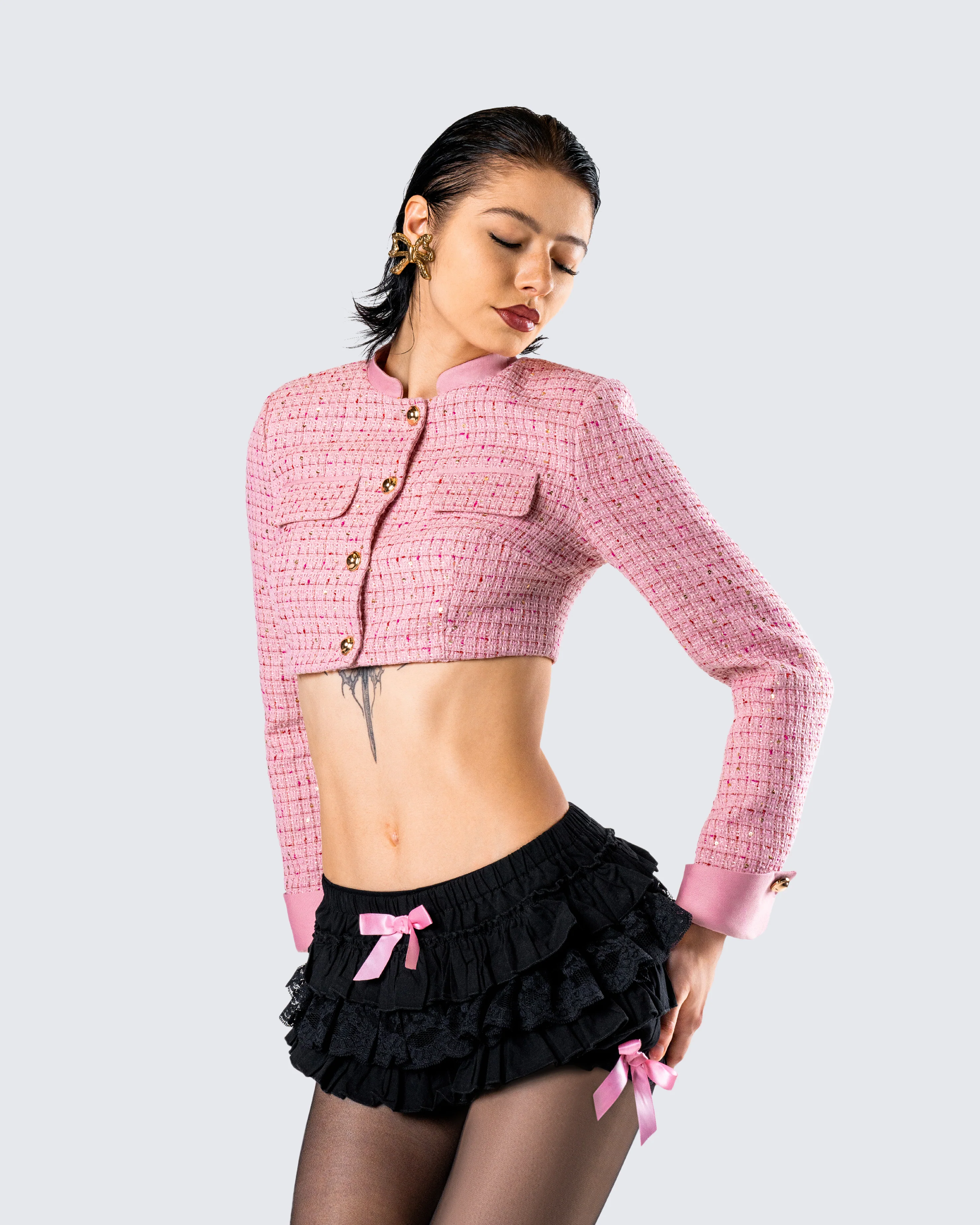 Pippa Pink Tweed Cropped Jacket - Image 8