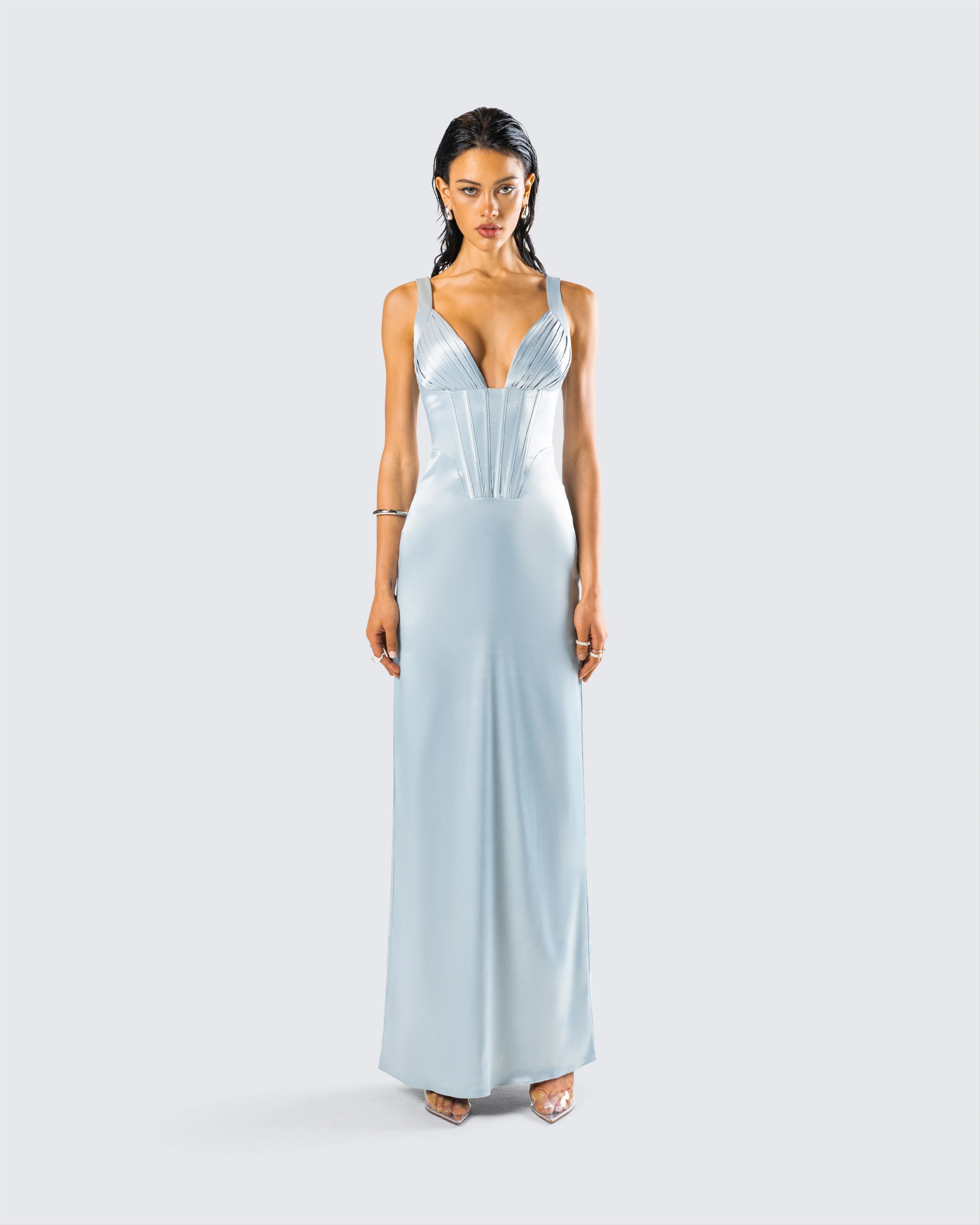 Rasha Teal Satin Corset Maxi Dress - Image 4