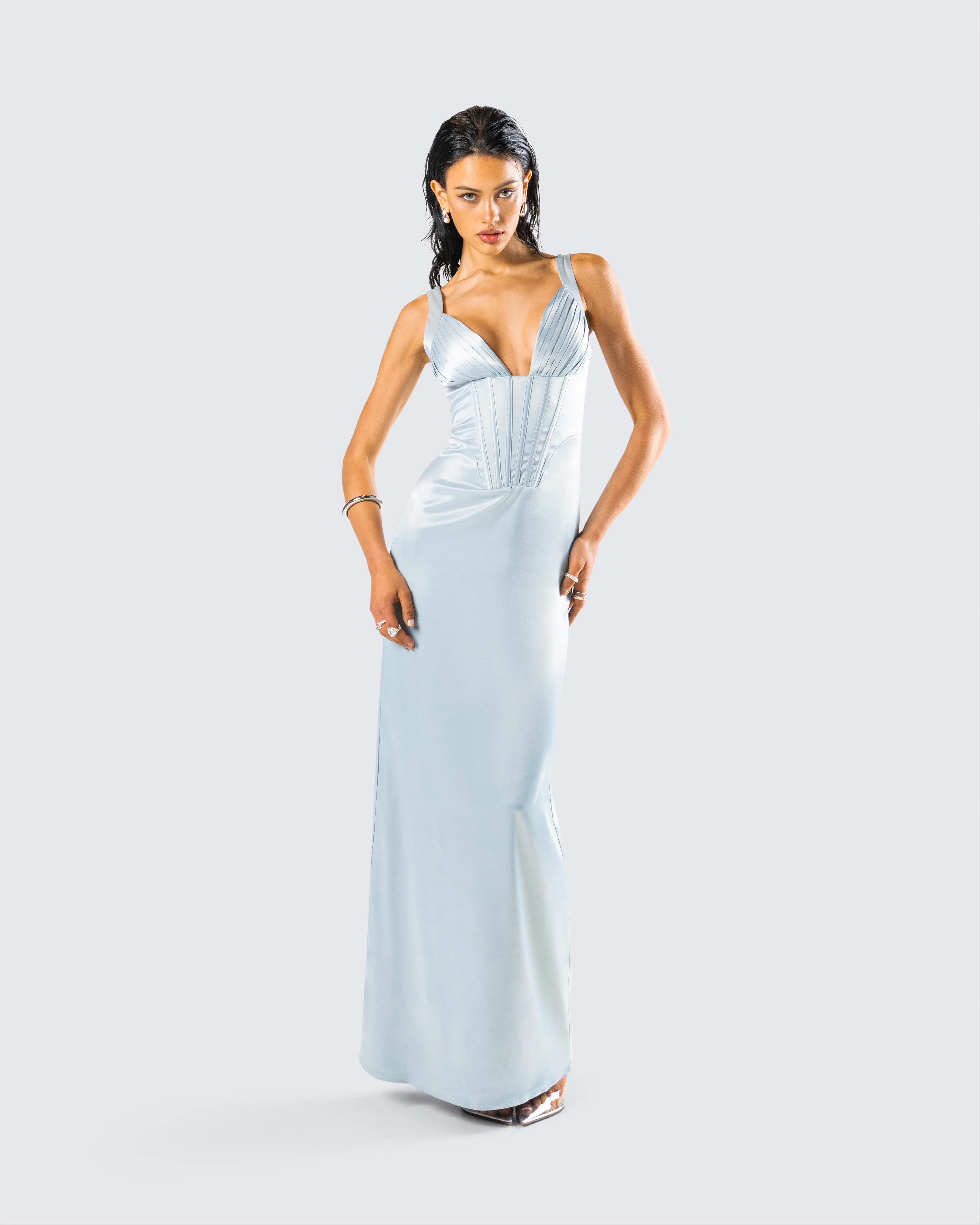 Rasha Teal Satin Corset Maxi Dress - Image 8