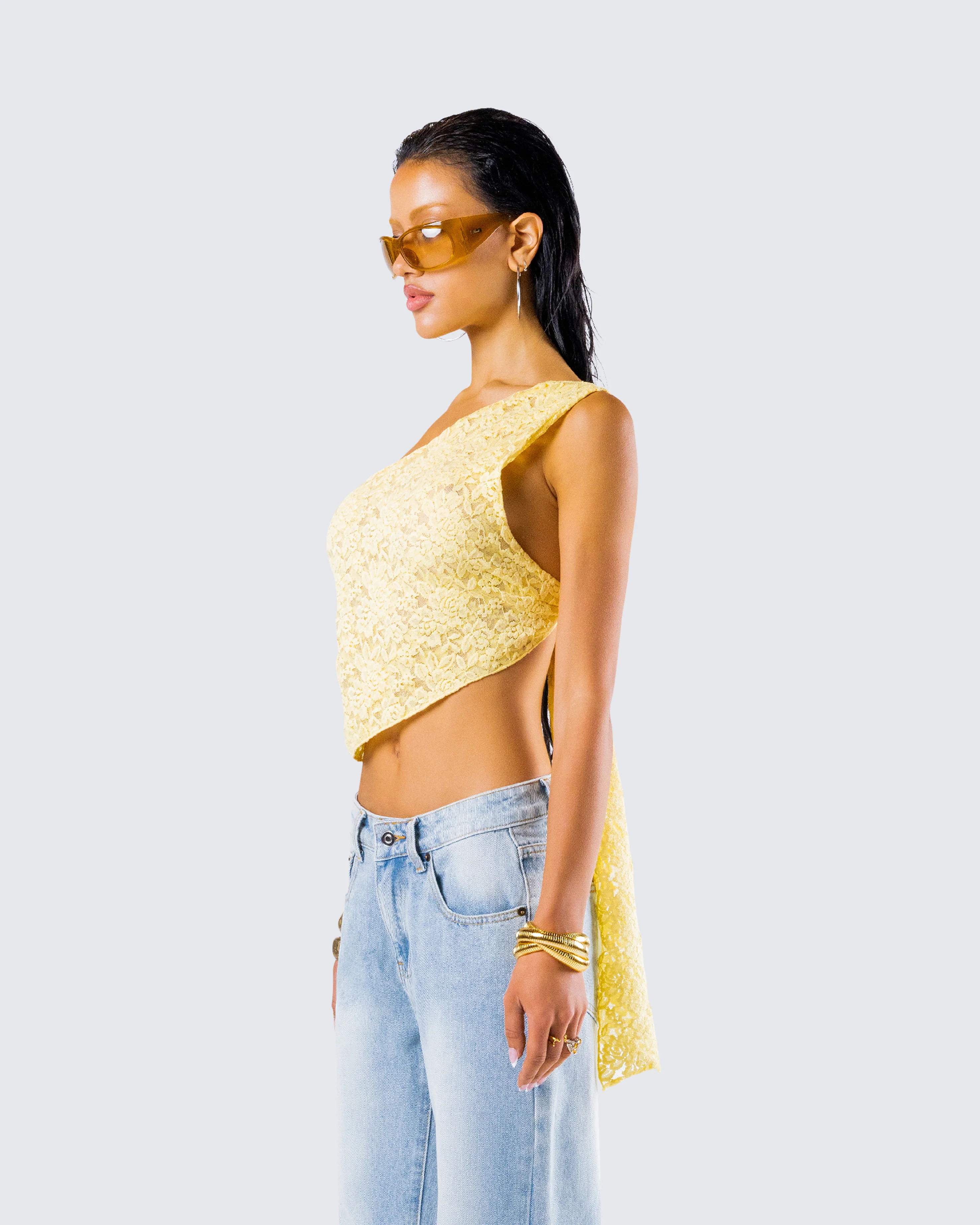 Rasima Yellow Lace Asymmetrical Top - Image 5
