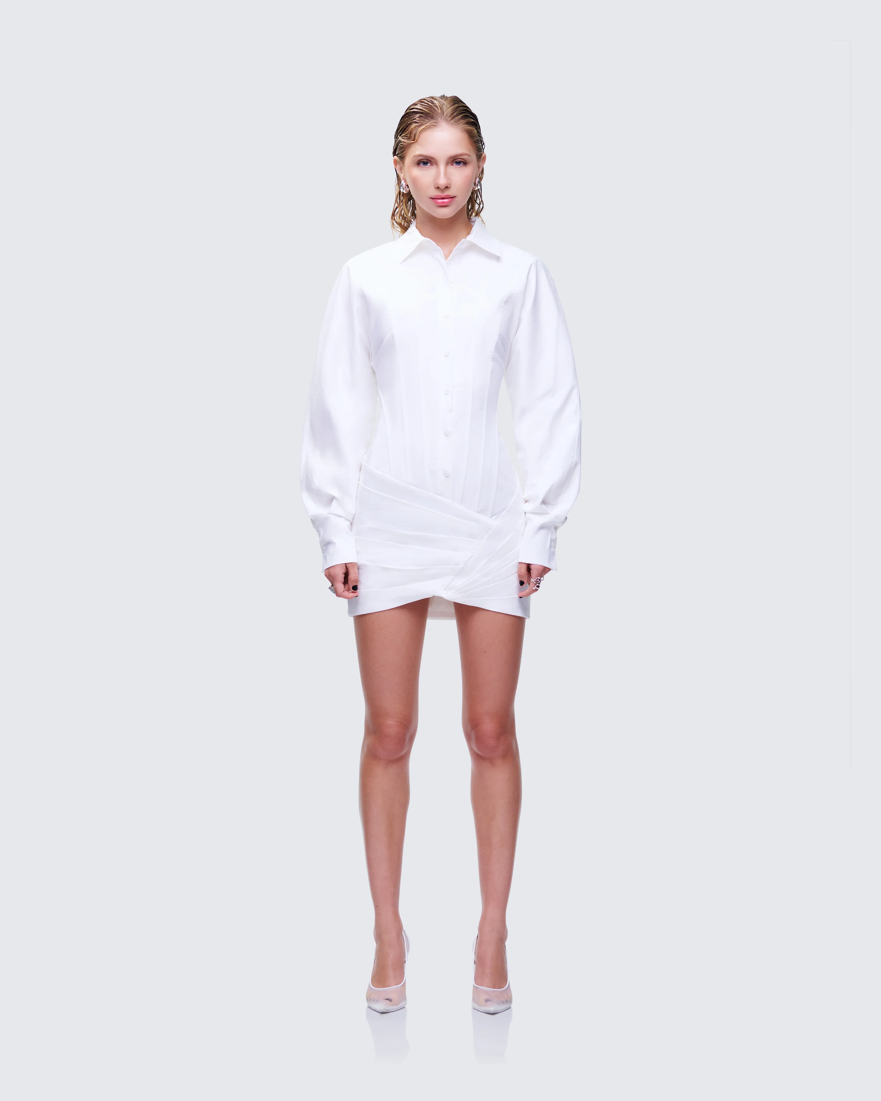 Regan White Cinched Tucked Mini Dress - Image 2