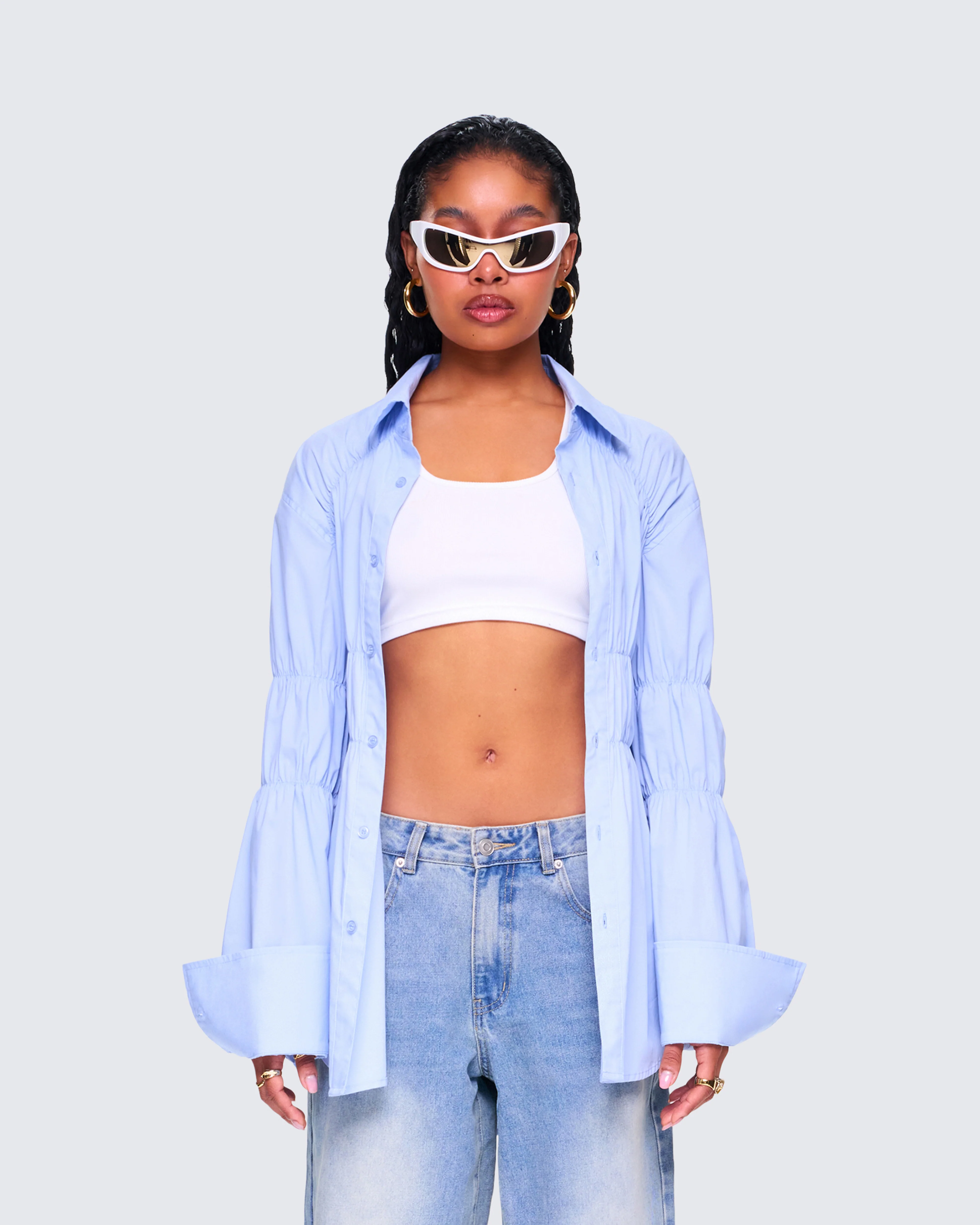 Reina Blue Poplin Ruched Shirt - Image 4