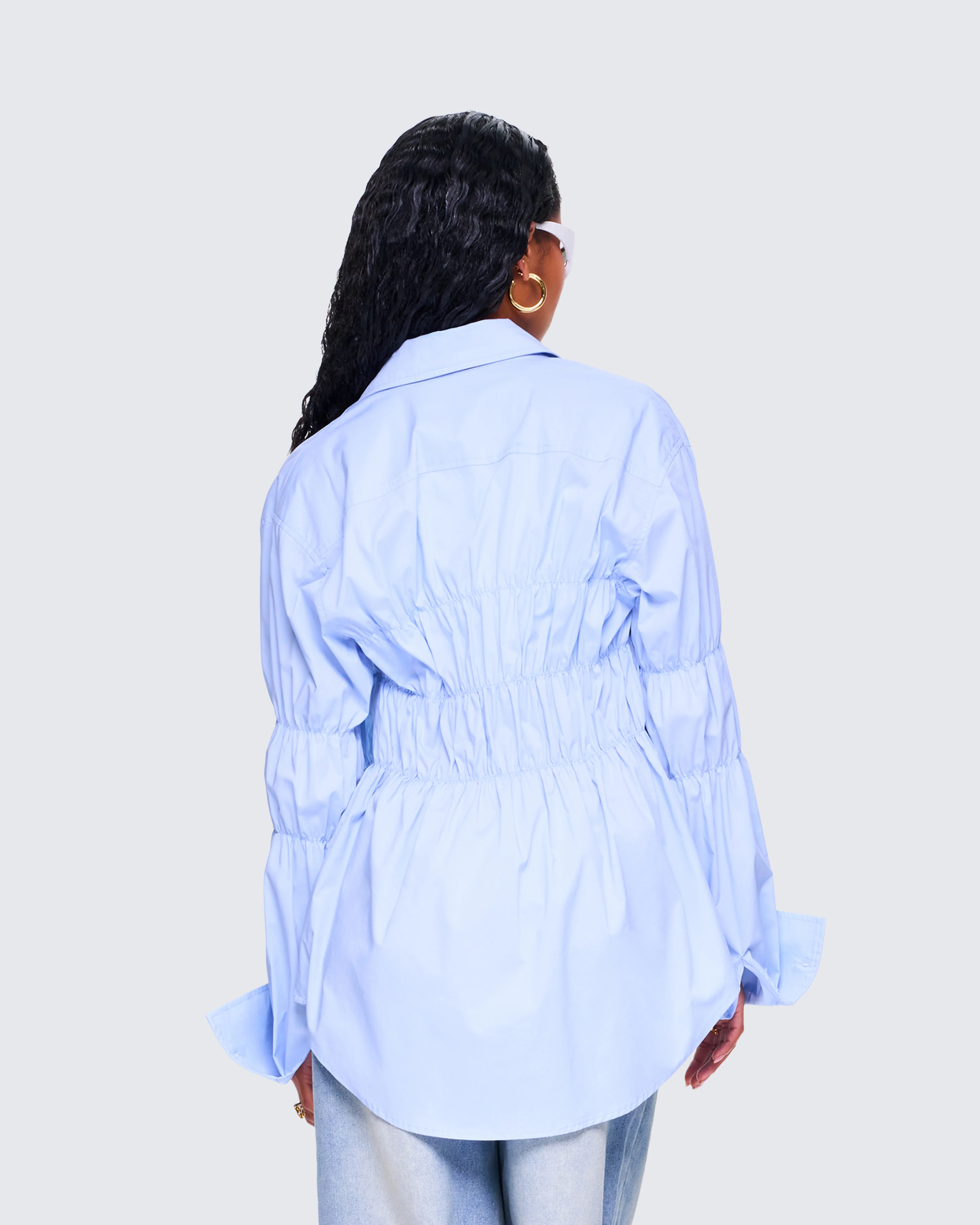 Reina Blue Poplin Ruched Shirt - Image 7