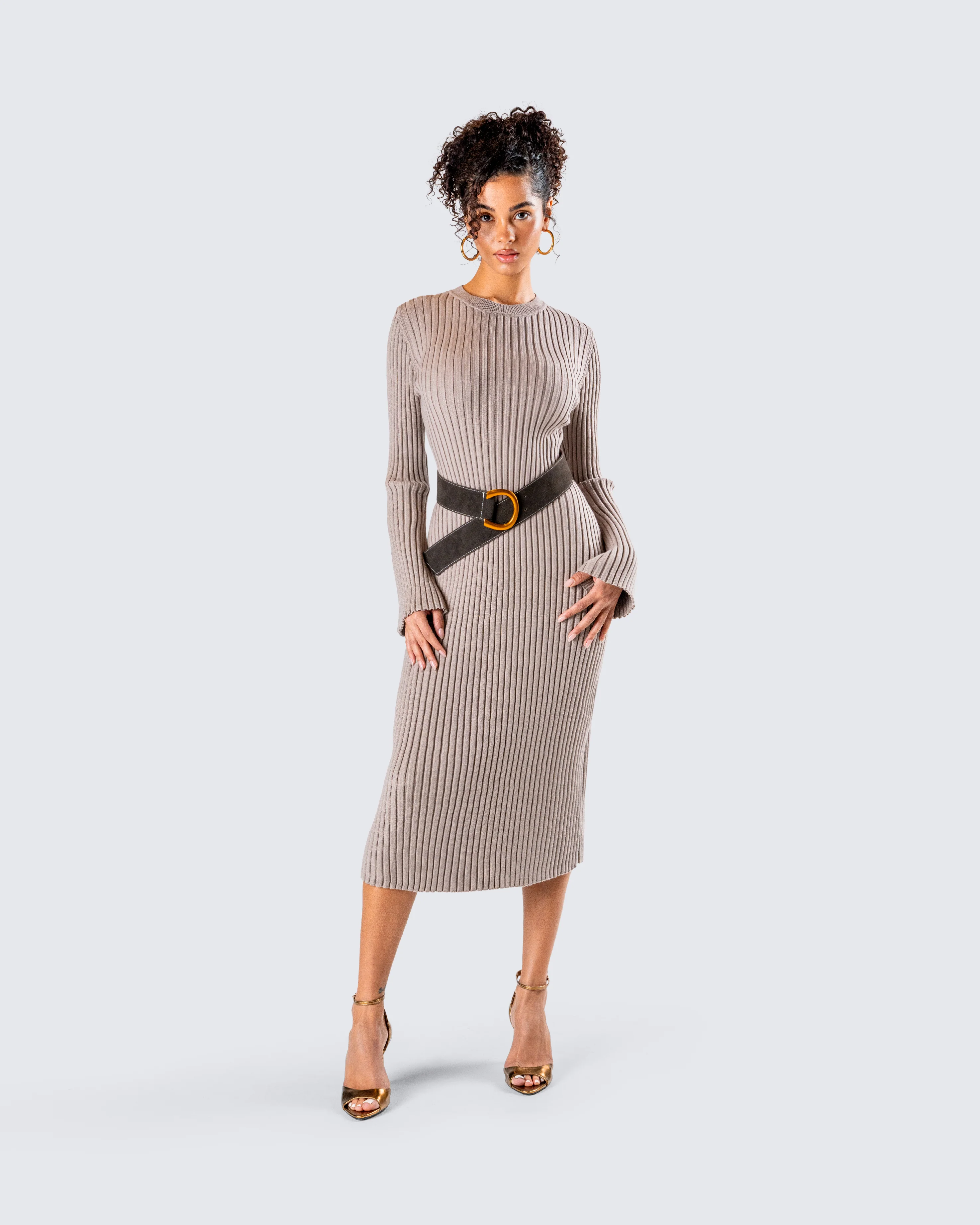 Rejina Taupe Wide Rib Midi Dress - Image 8