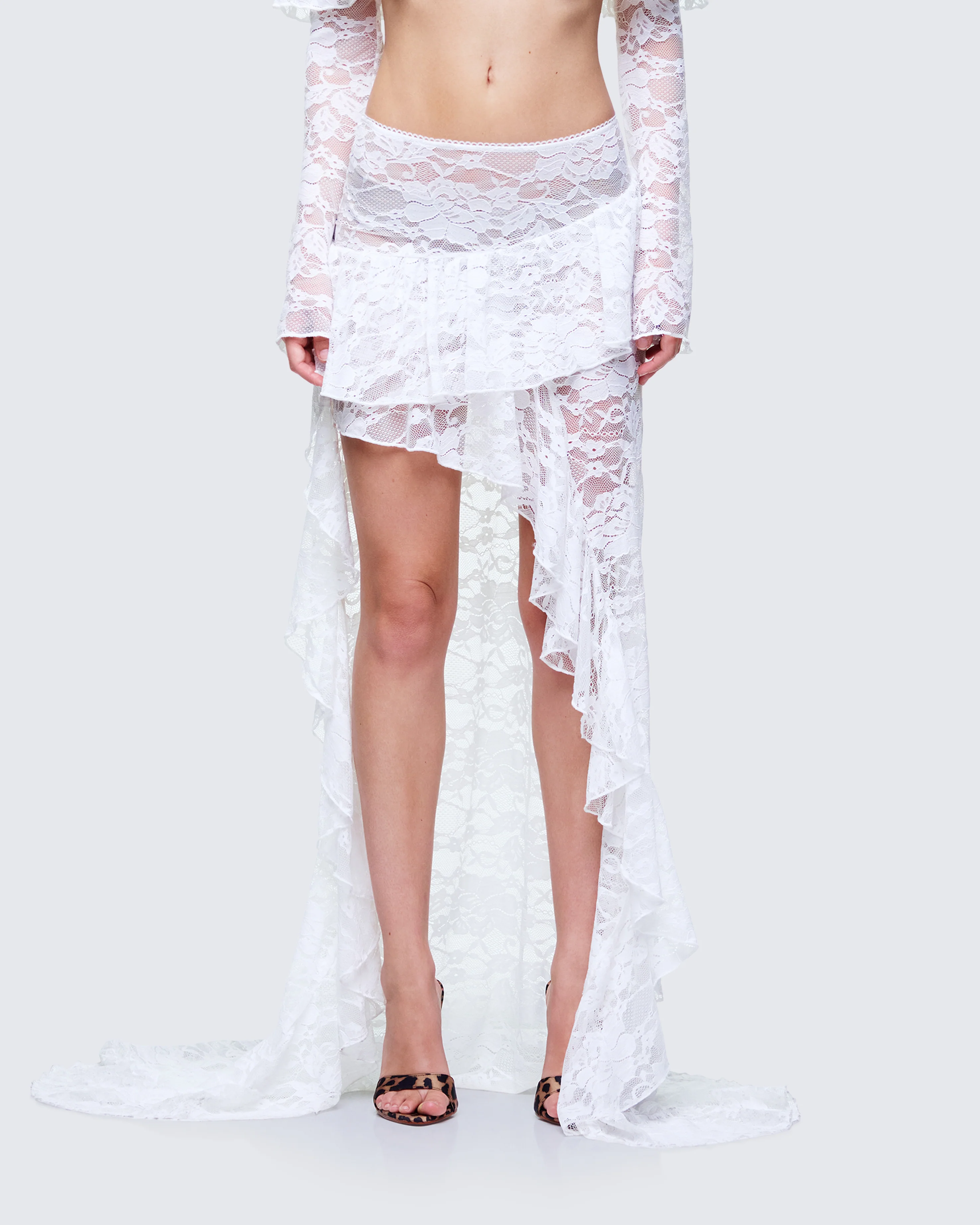 Rina White Lace Asymmetrical Hem Ruffle Skirt - Image 2