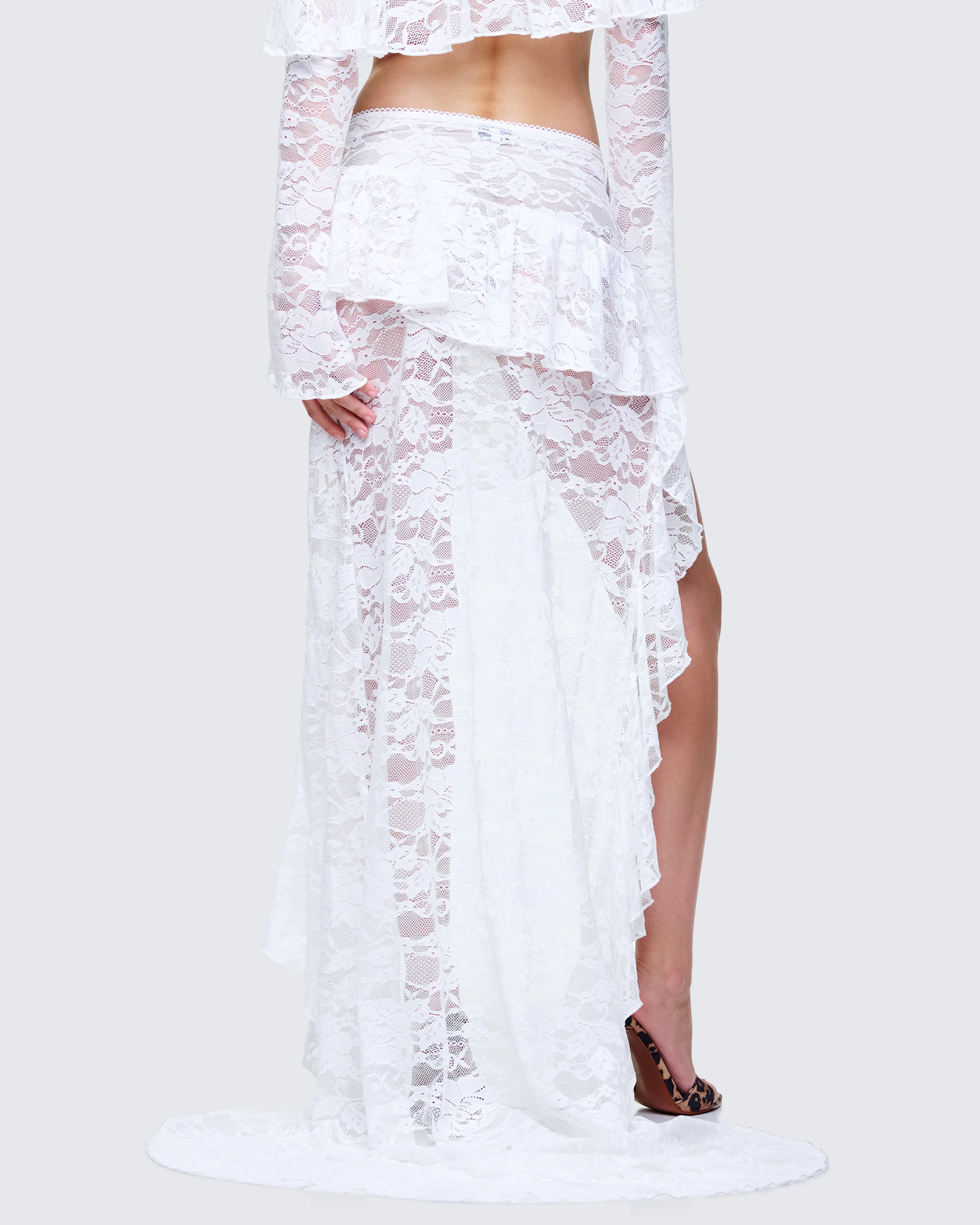 Rina White Lace Asymmetrical Hem Ruffle Skirt - Image 4