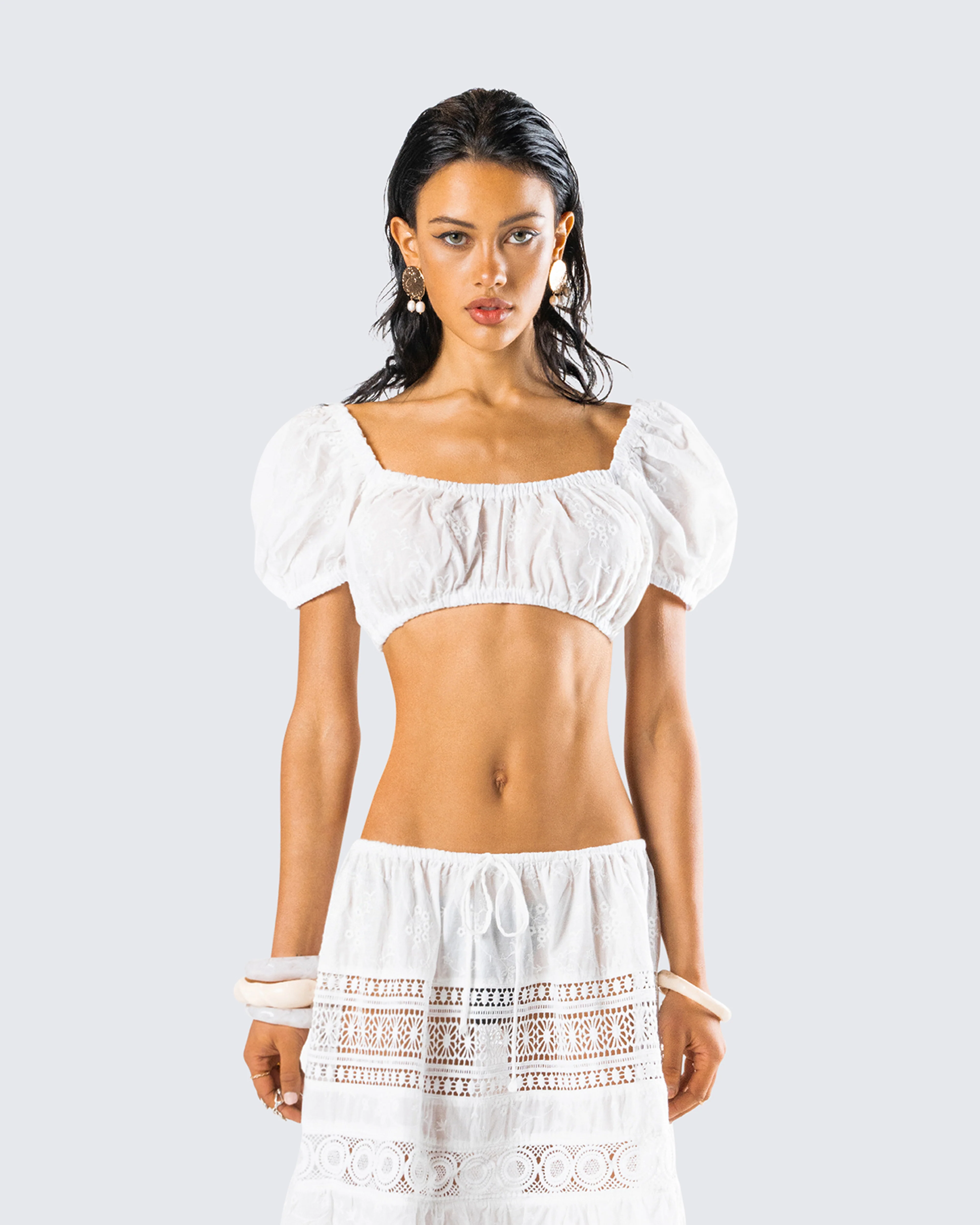 Rue White Cotton Floral Crop Top - Image 4