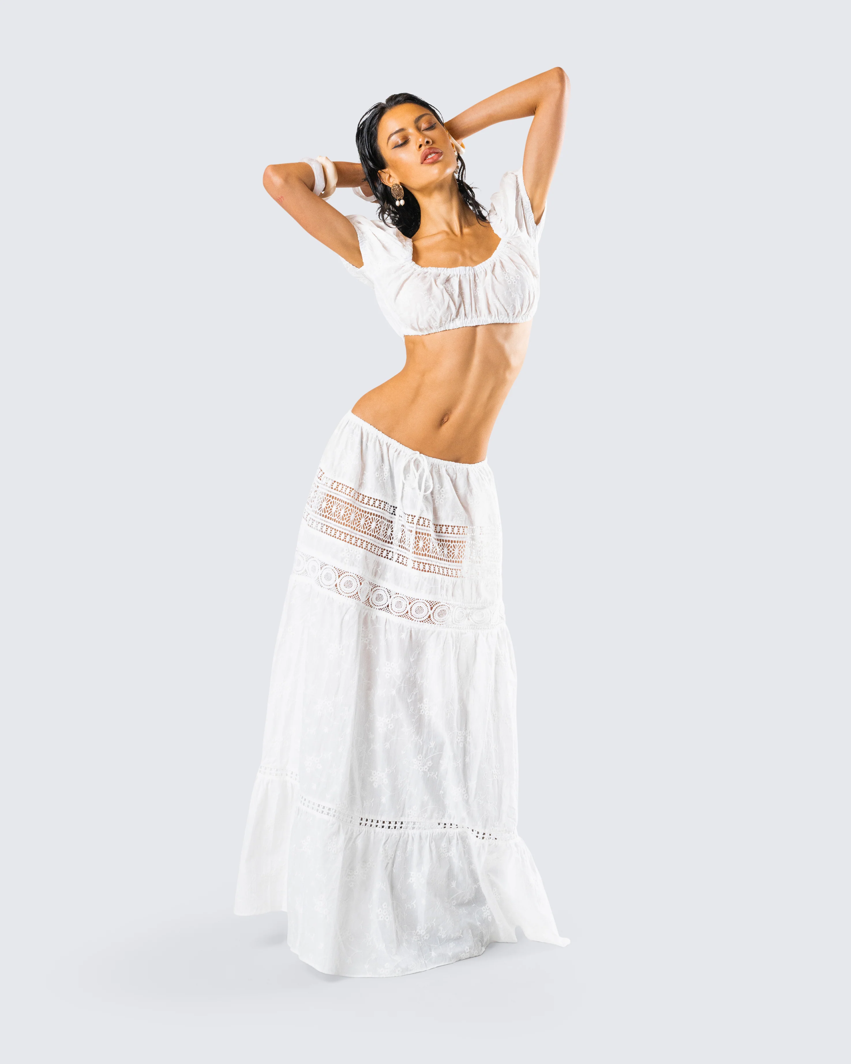 Rue White Cotton Floral Maxi Skirt - Image 9