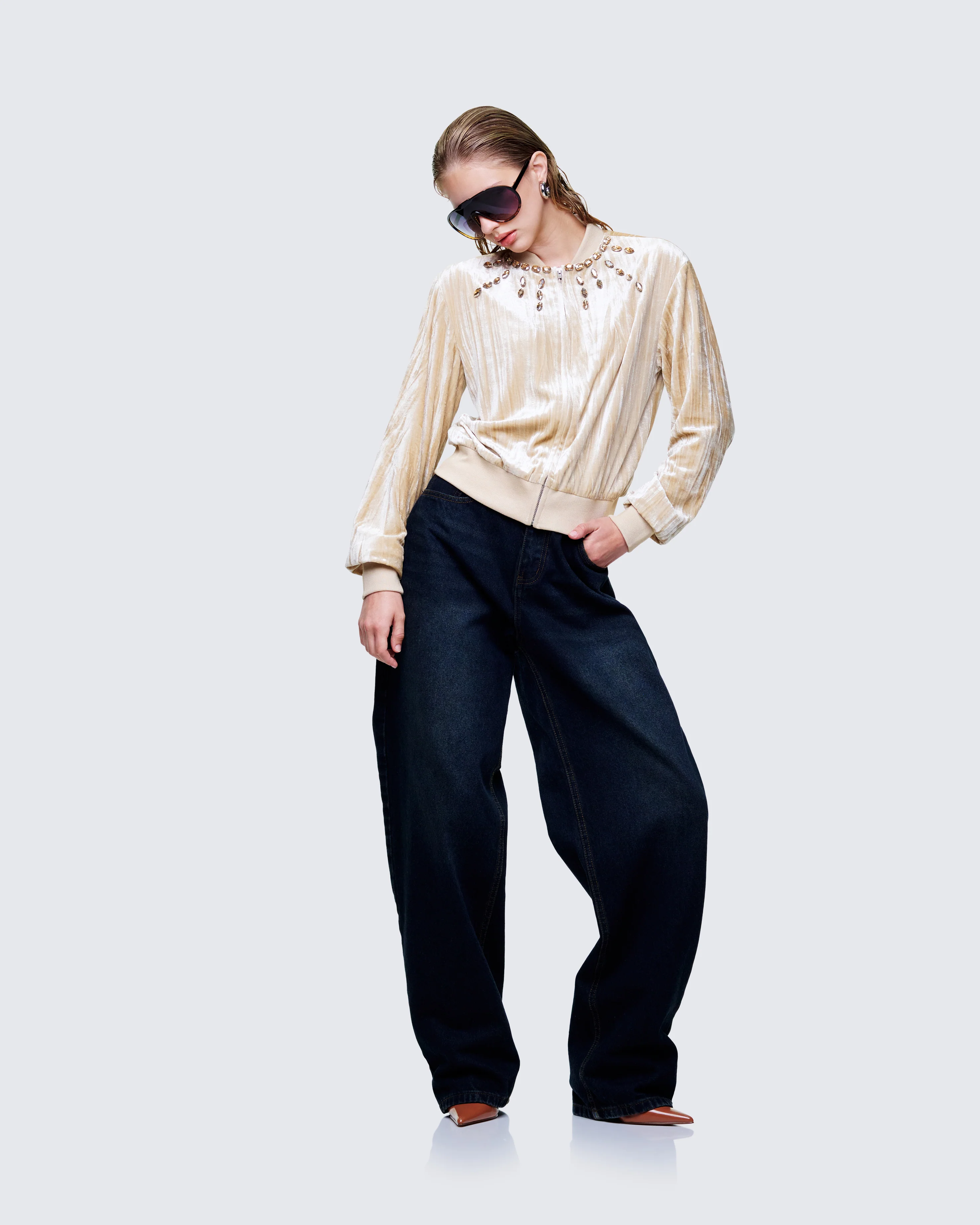 Runa Beige Velour Embellished Jacket - Image 5