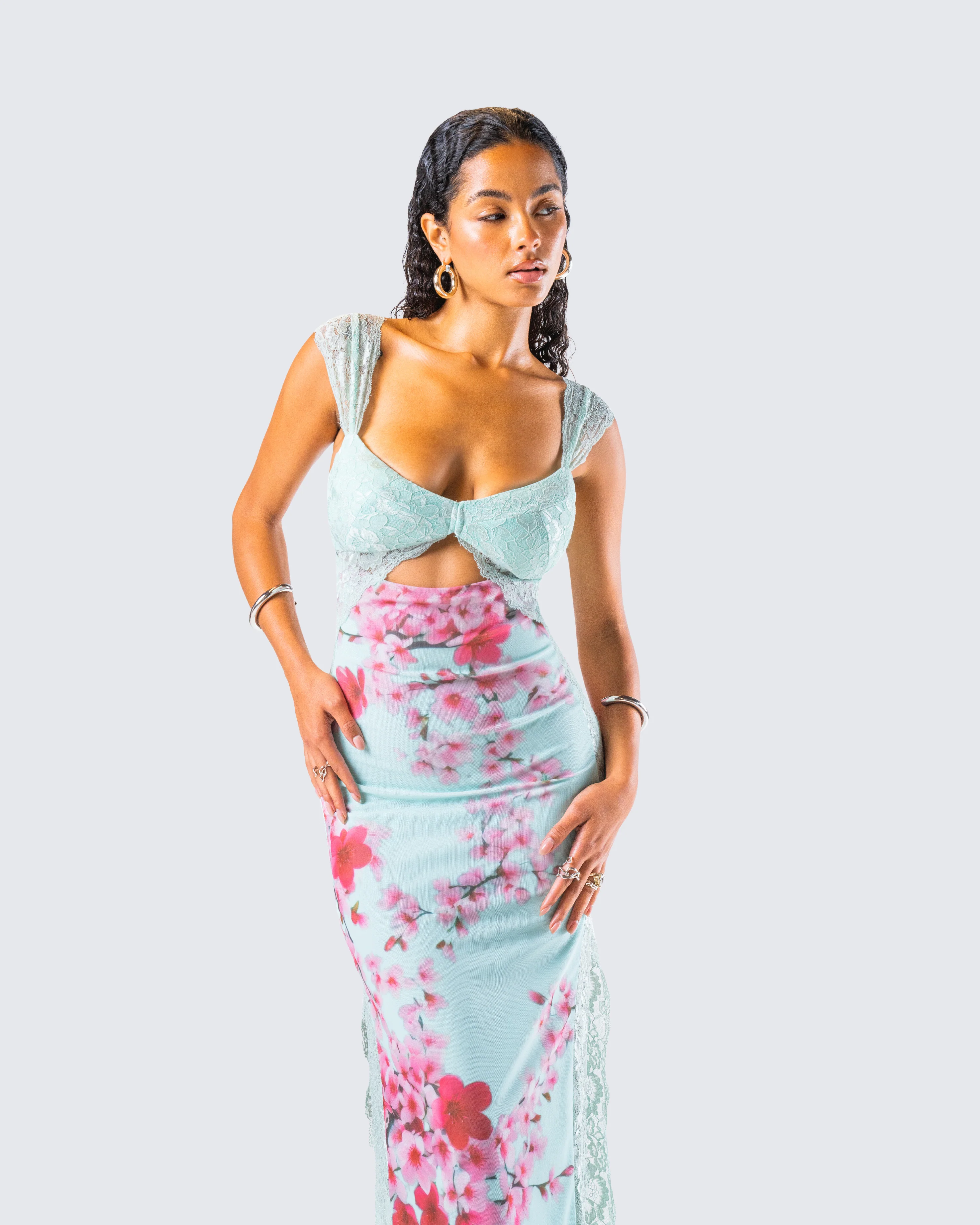Ryliana Green Floral Mesh Maxi Dress - Image 9