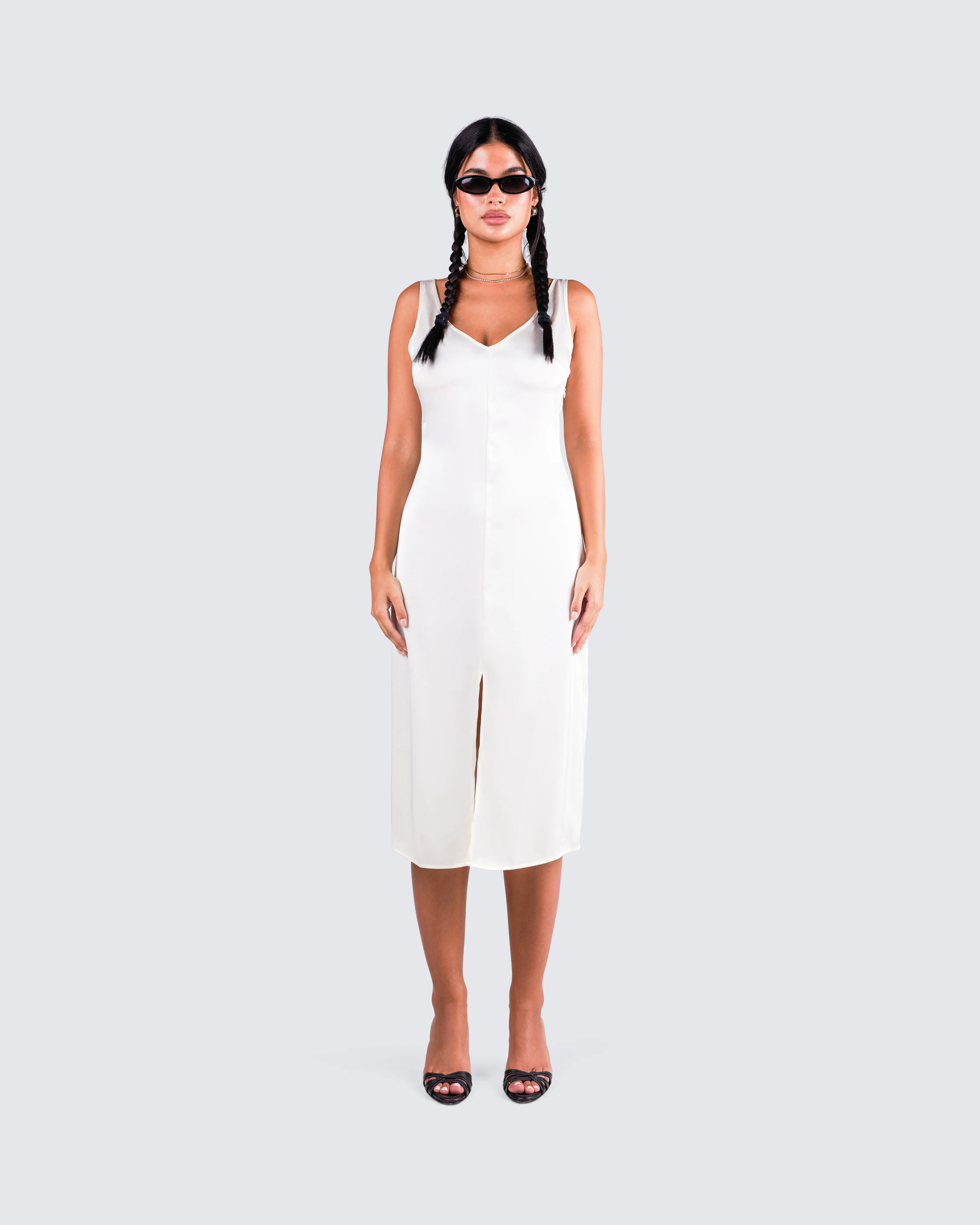 Saskia White Satin Slit Midi Dress - Image 4