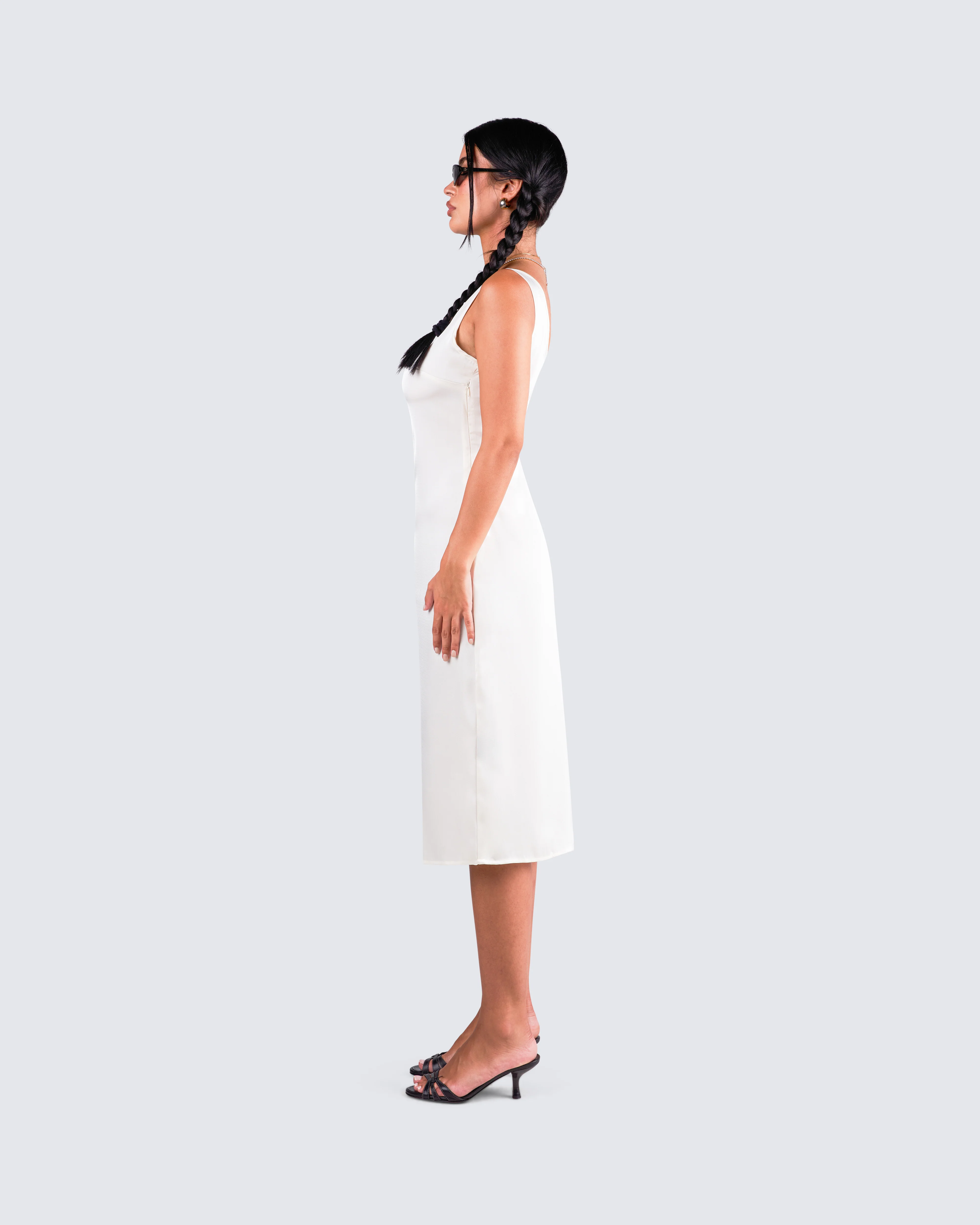Saskia White Satin Slit Midi Dress - Image 5