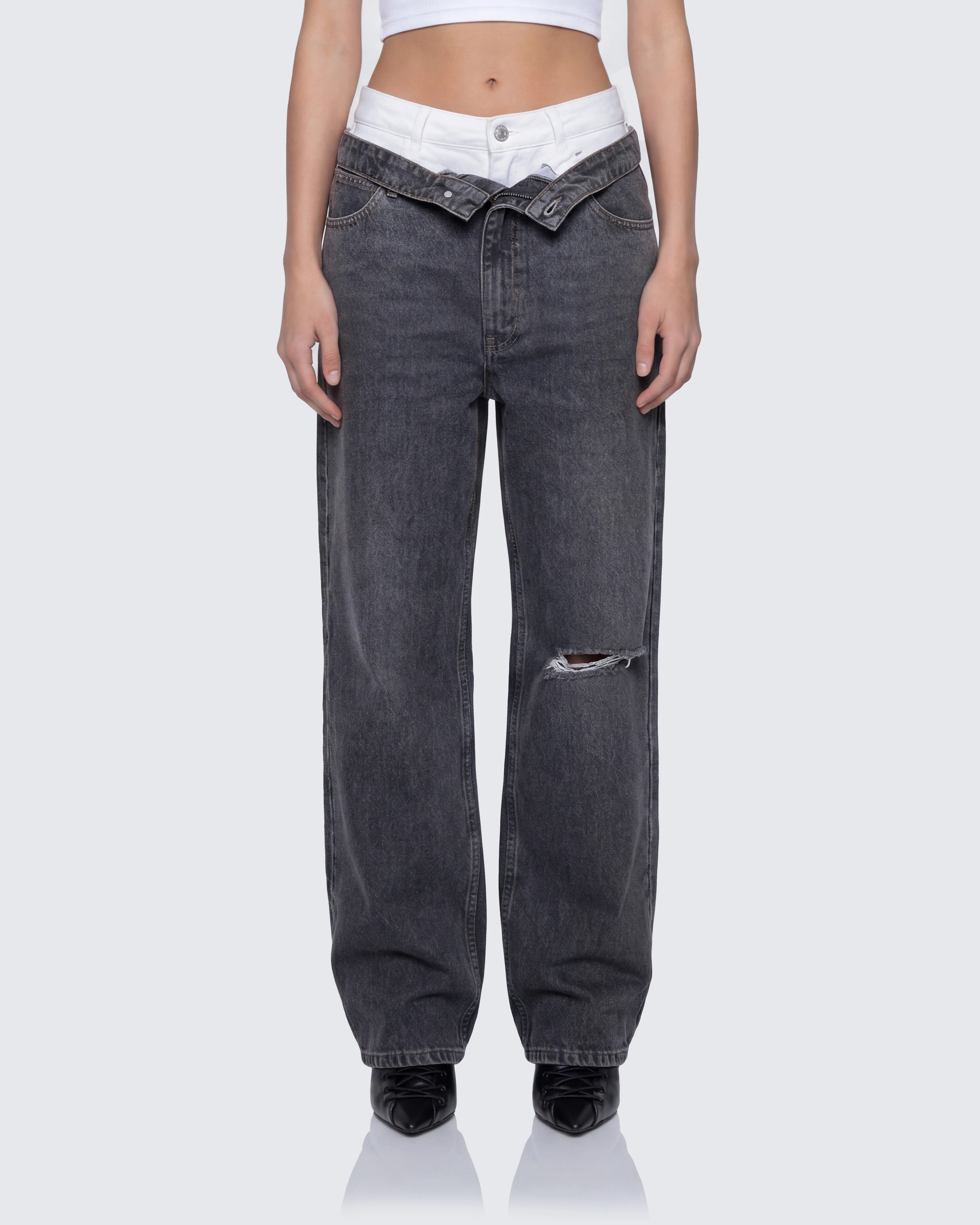 Saxony Grey Double Layer Baggy Jeans - Image 2