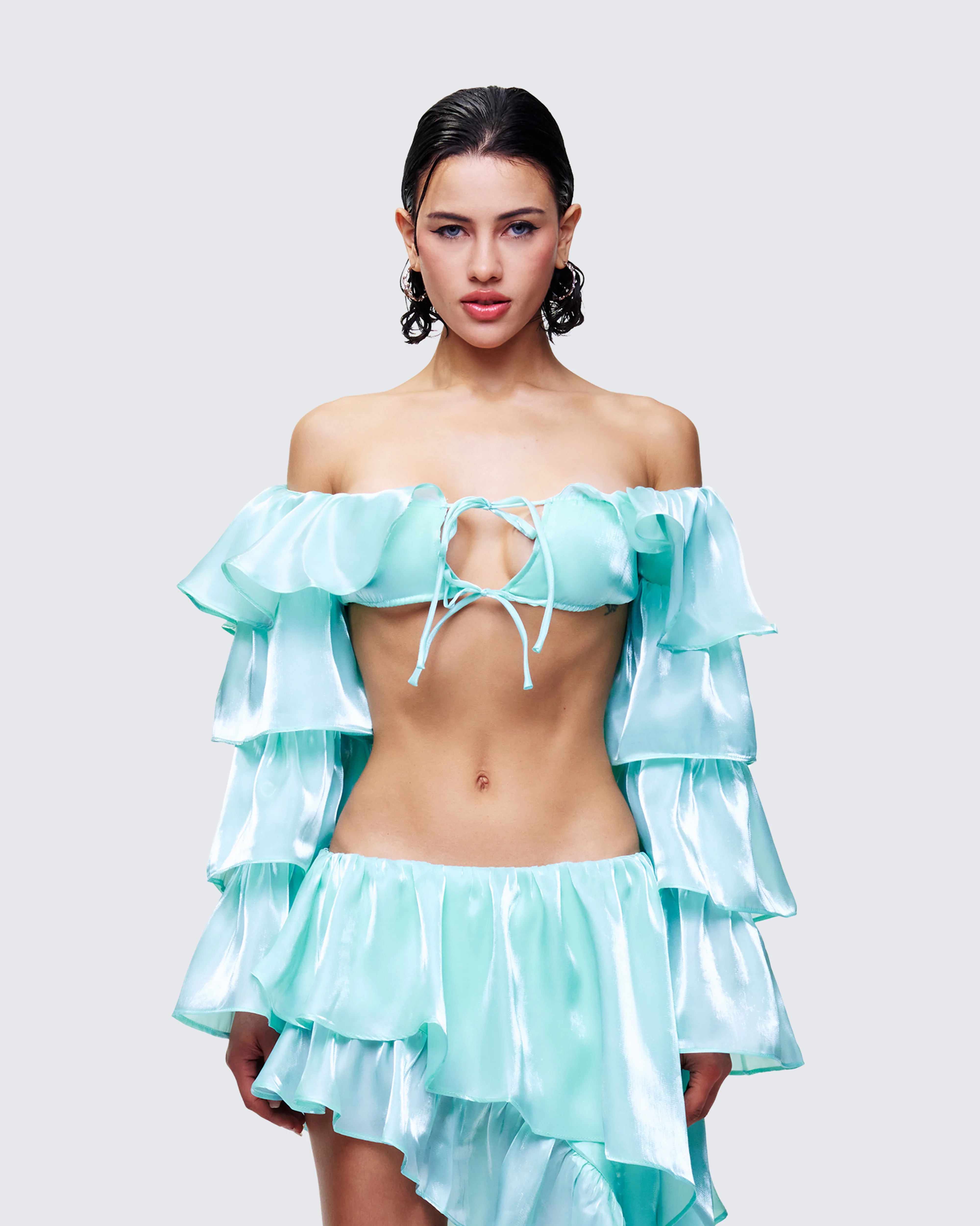 Skipper Green Ruffle Sleeve Crop Top - Image 2