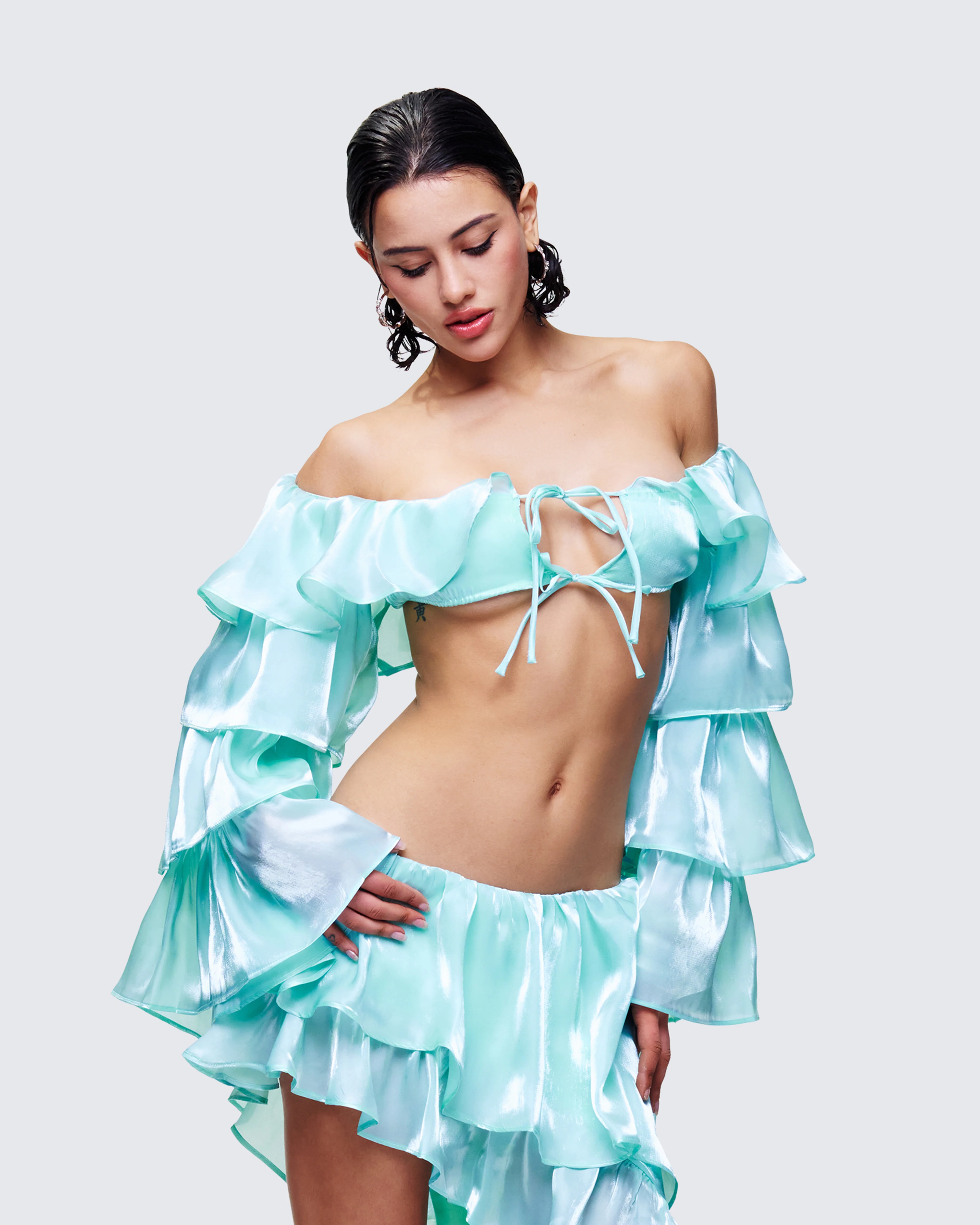 Skipper Green Ruffle Sleeve Crop Top - Image 3