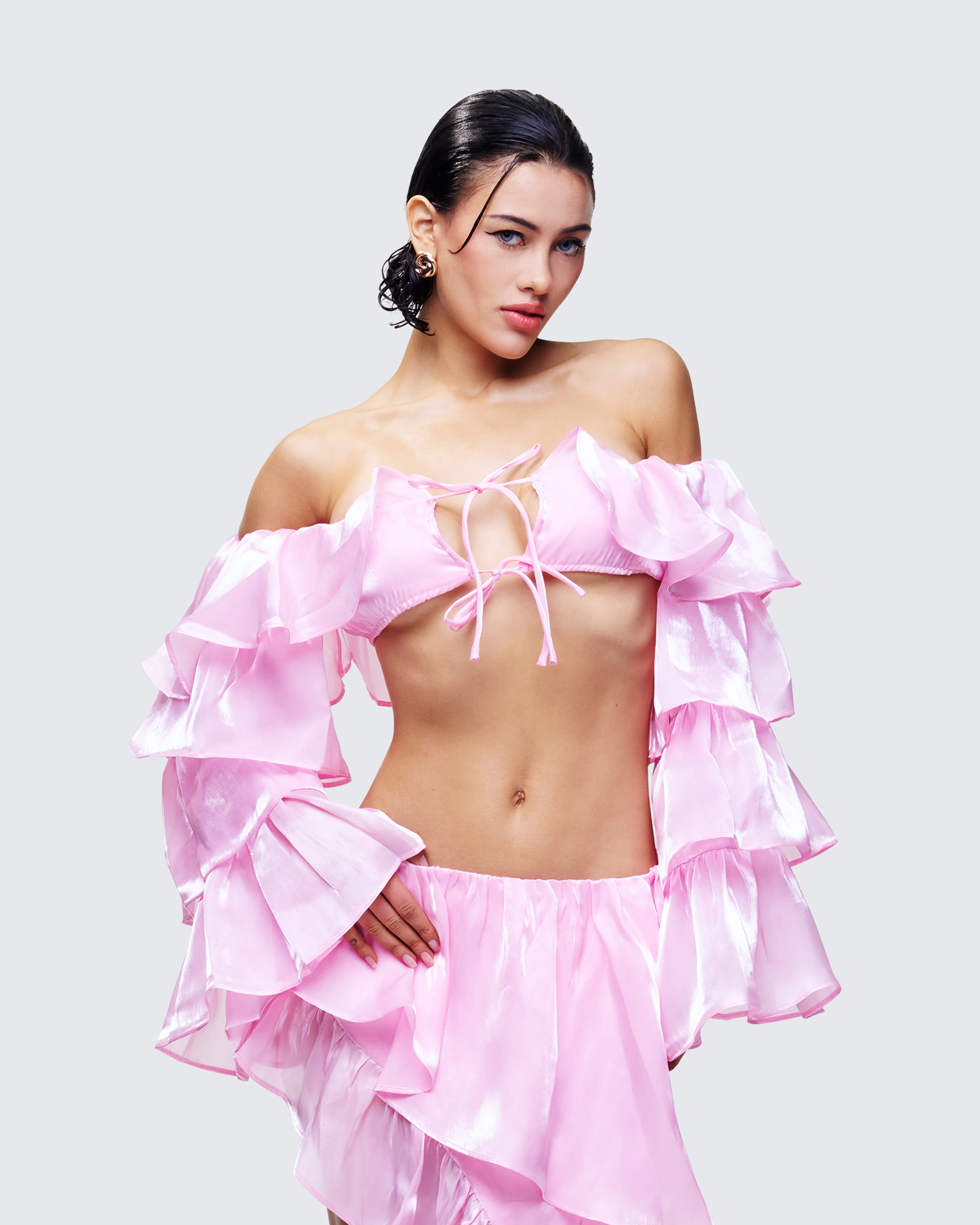 Skipper Pink Ruffle Sleeve Crop Top - Image 3