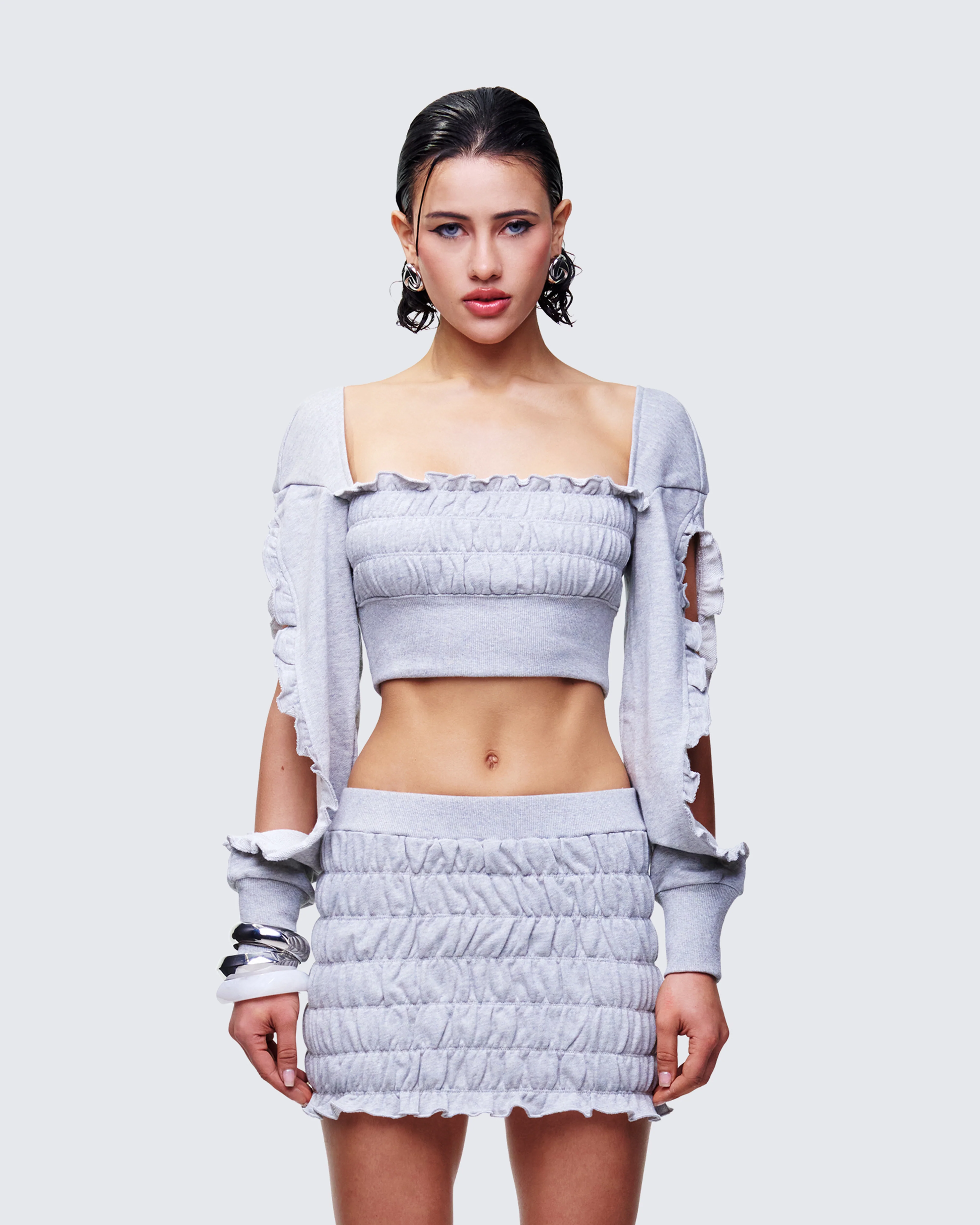 Sonet Grey Knit Ruffle Edge Open Sleeve Top - Image 2