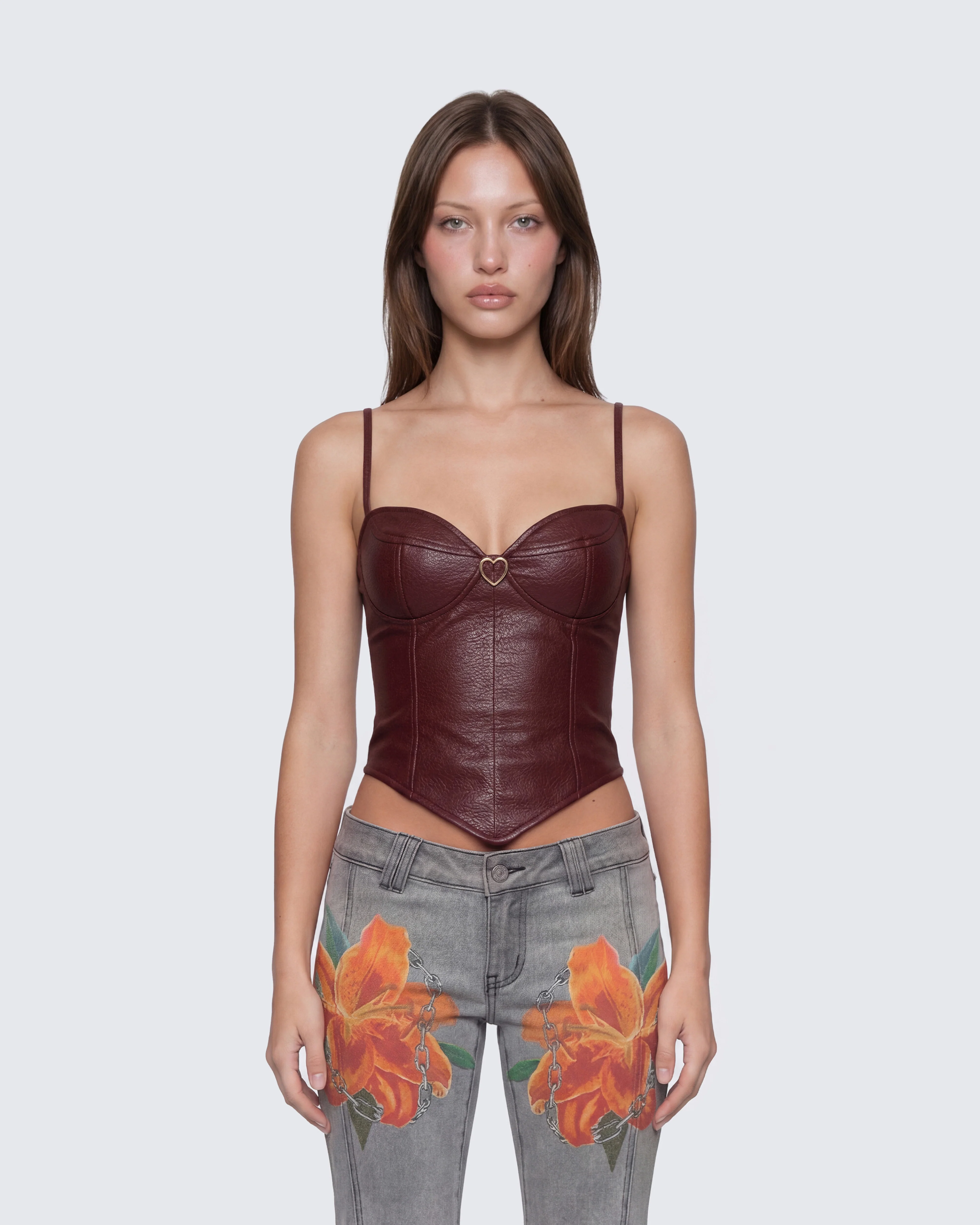 Sway Burgundy Leather Look Gold Trim Corset Top - Image 2