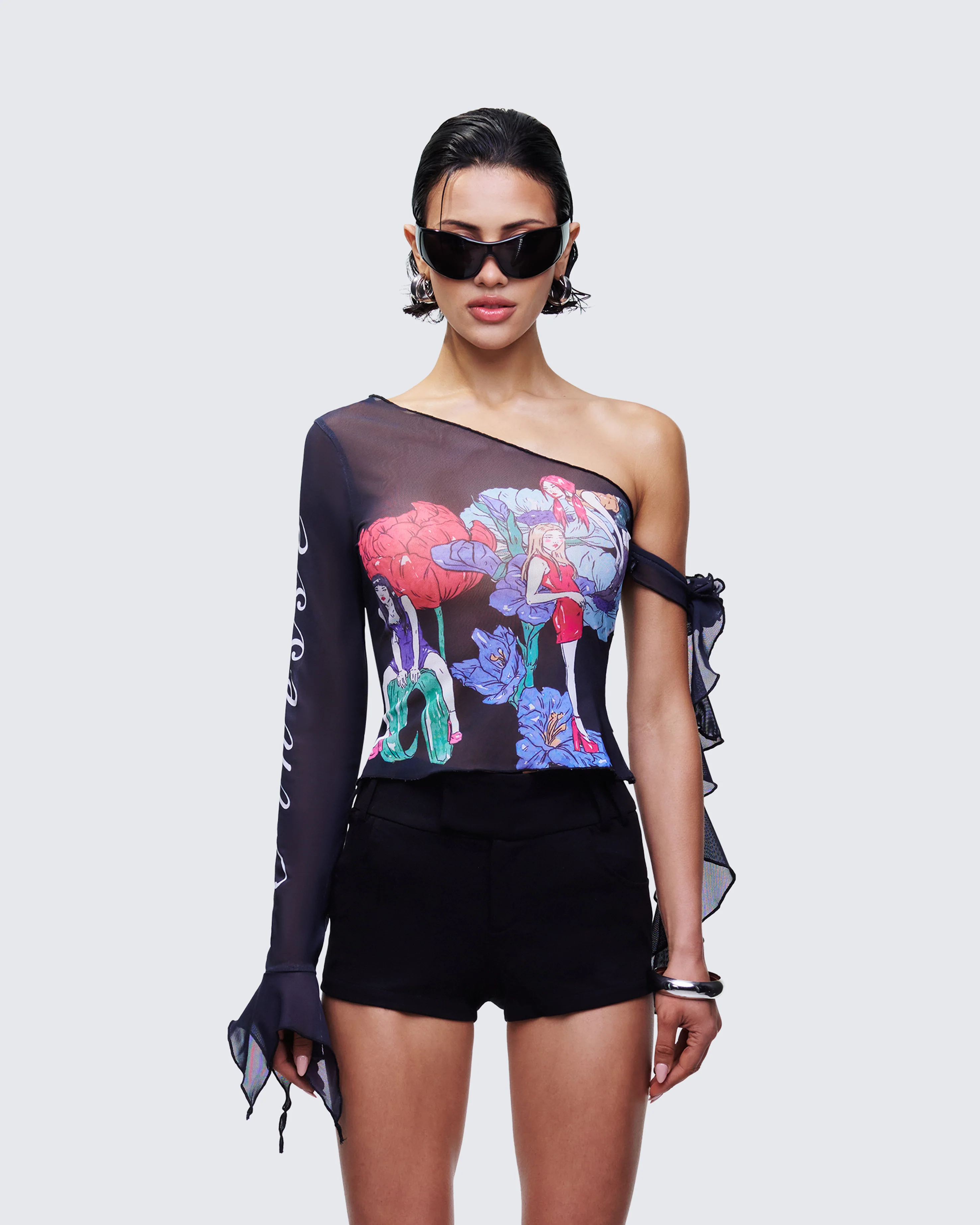 Sylphine Black Printed Mesh Asymmetric Top - Image 2