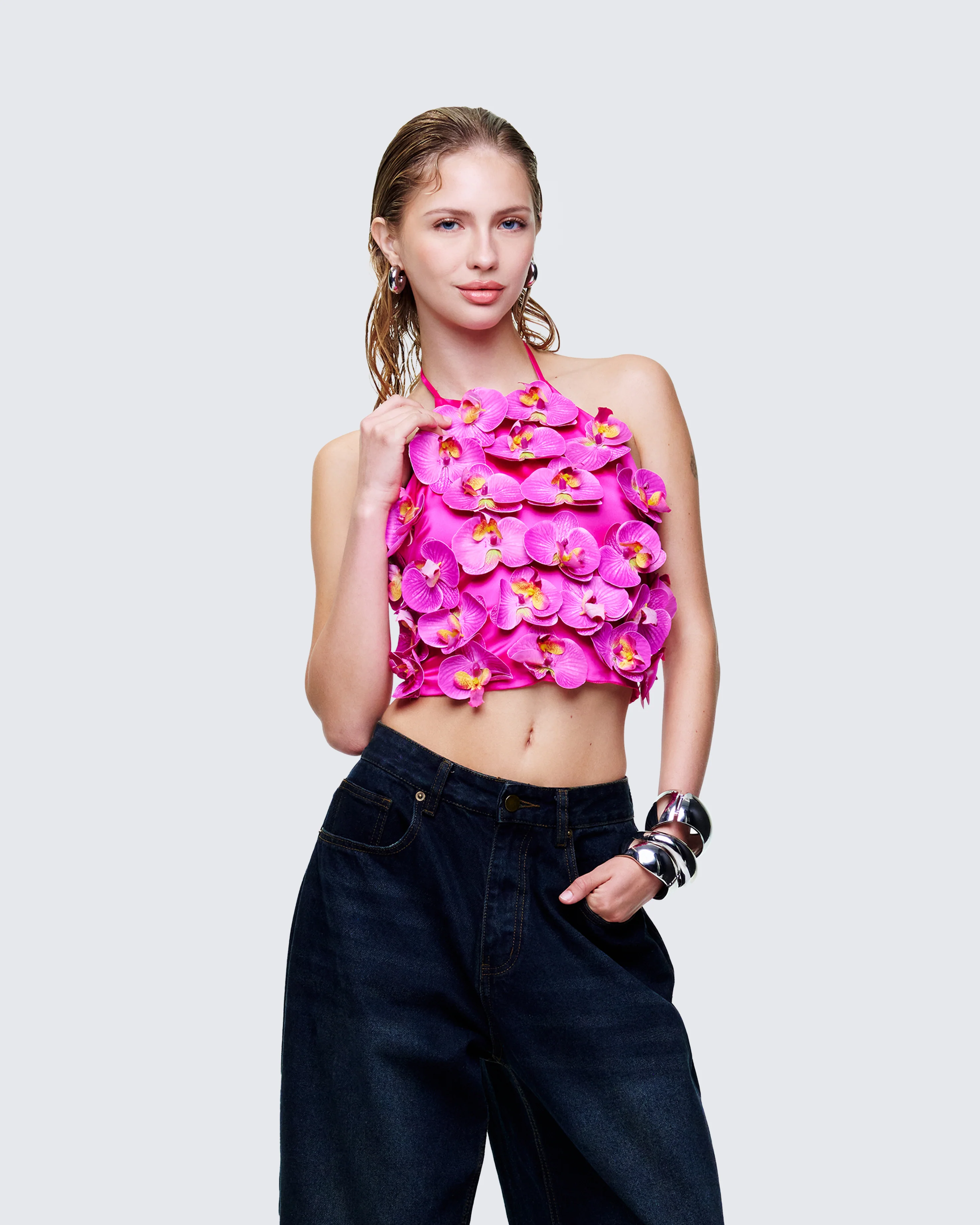Synnia Pink Satin Orchid Applique Top - Image 3