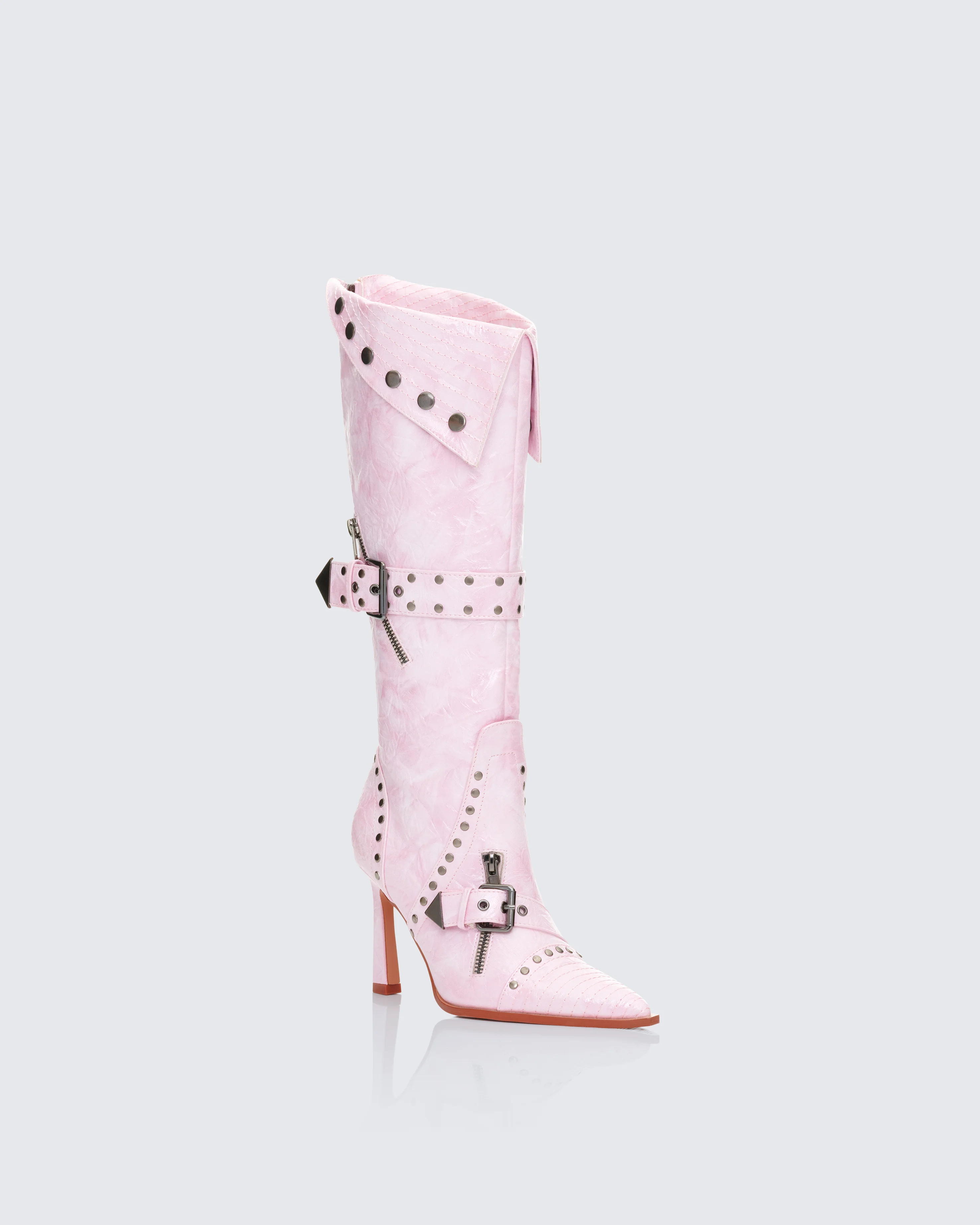 Talyah Pink Burnished Knee High Biker Boots - Image 2
