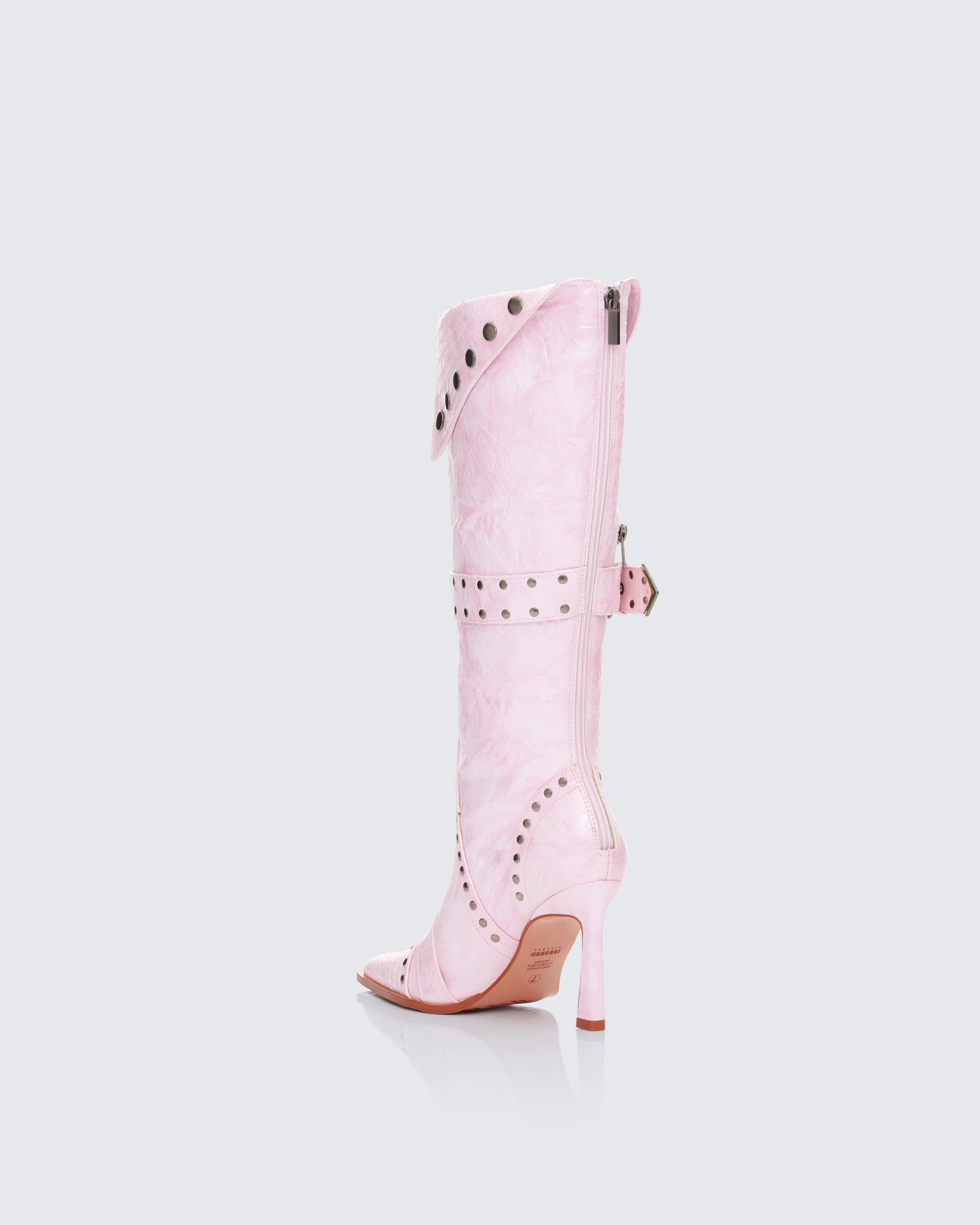Talyah Pink Burnished Knee High Biker Boots - Image 3