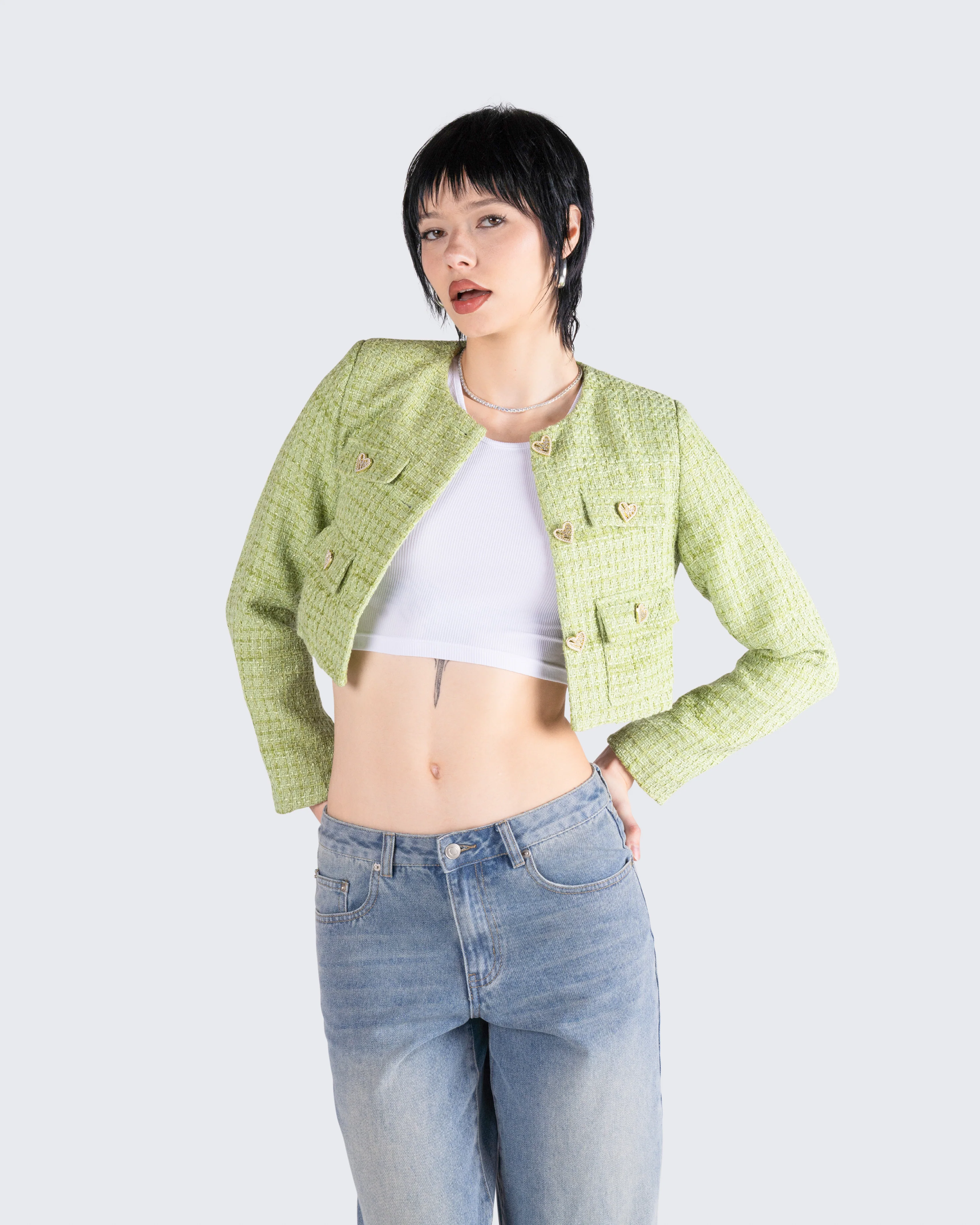 Tess Green Tweed Crop Jacket - Image 8