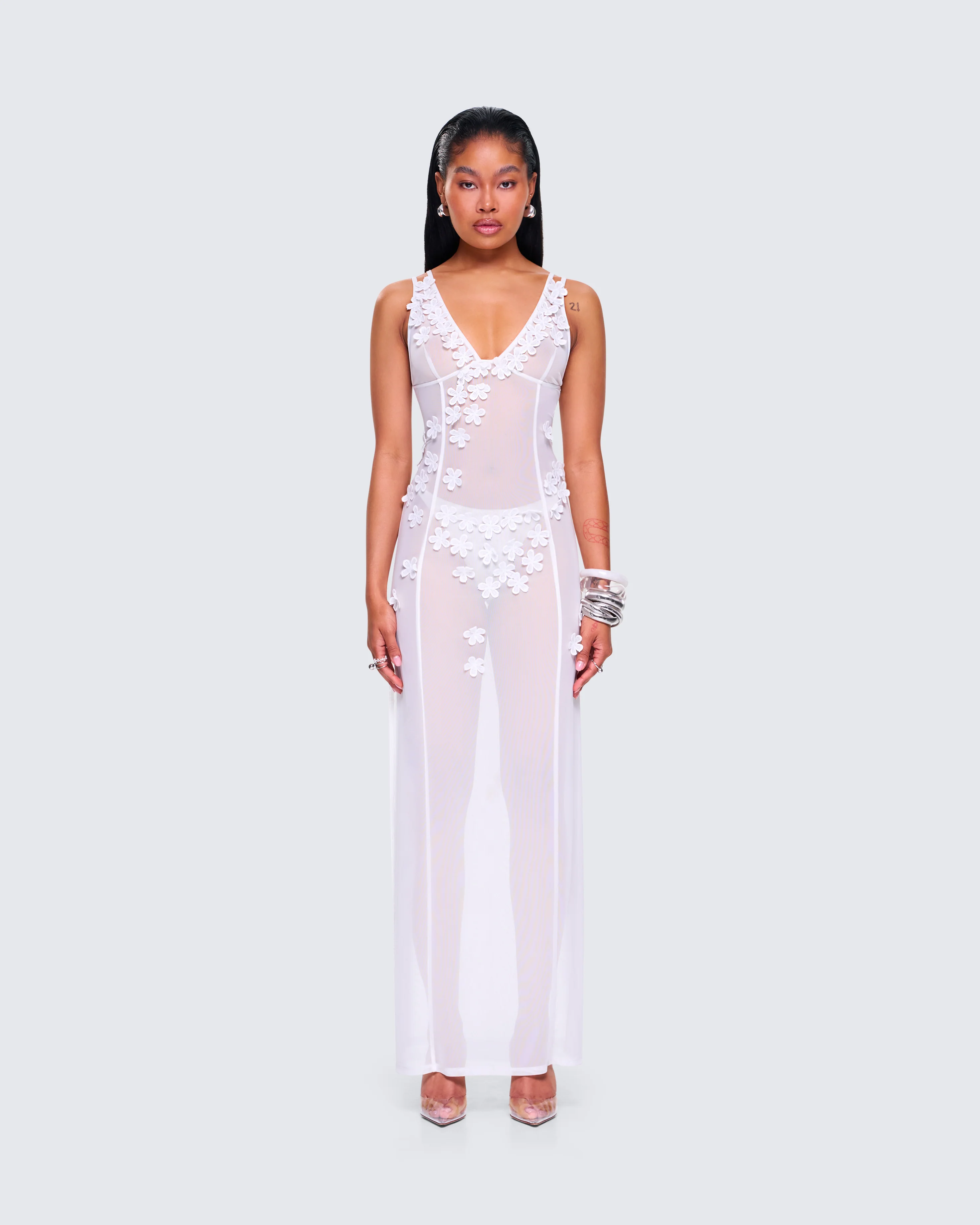 Twyla White Floral Mesh Maxi Dress - Image 4