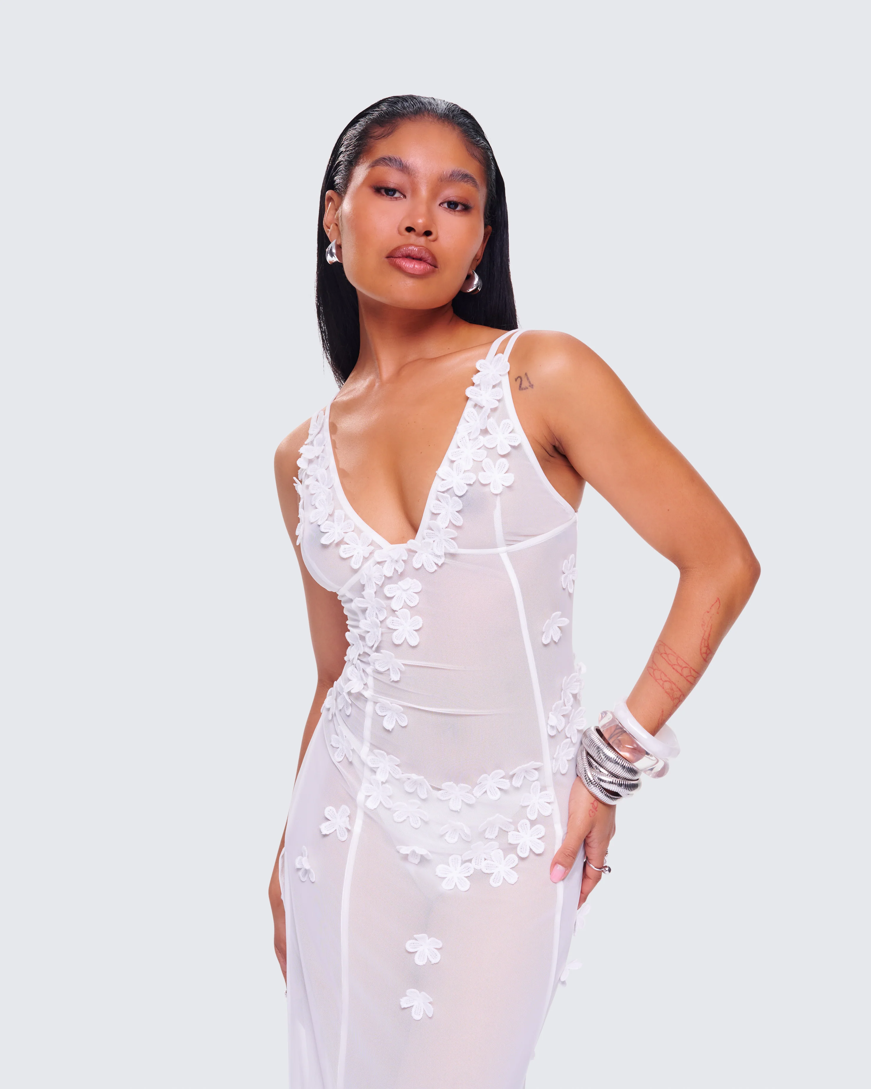 Twyla White Floral Mesh Maxi Dress - Image 8