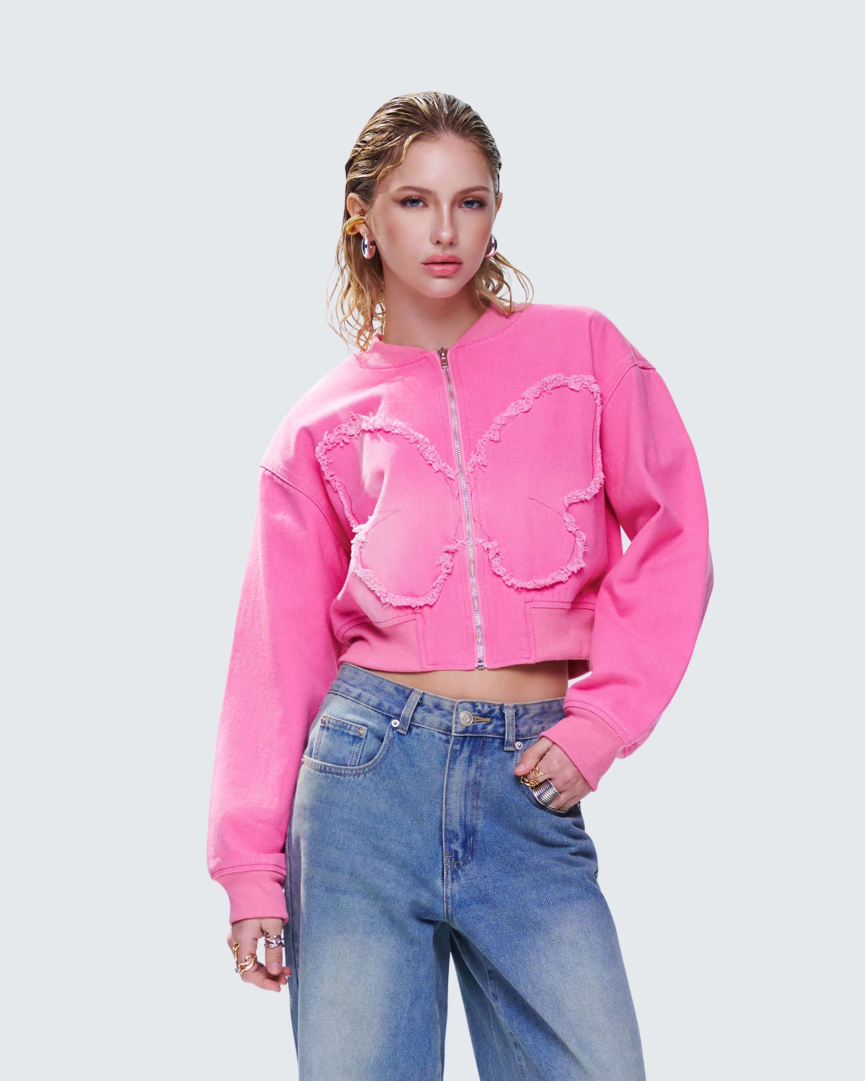 Uzma Pink Denim Cropped Bomber Jacket - Image 4