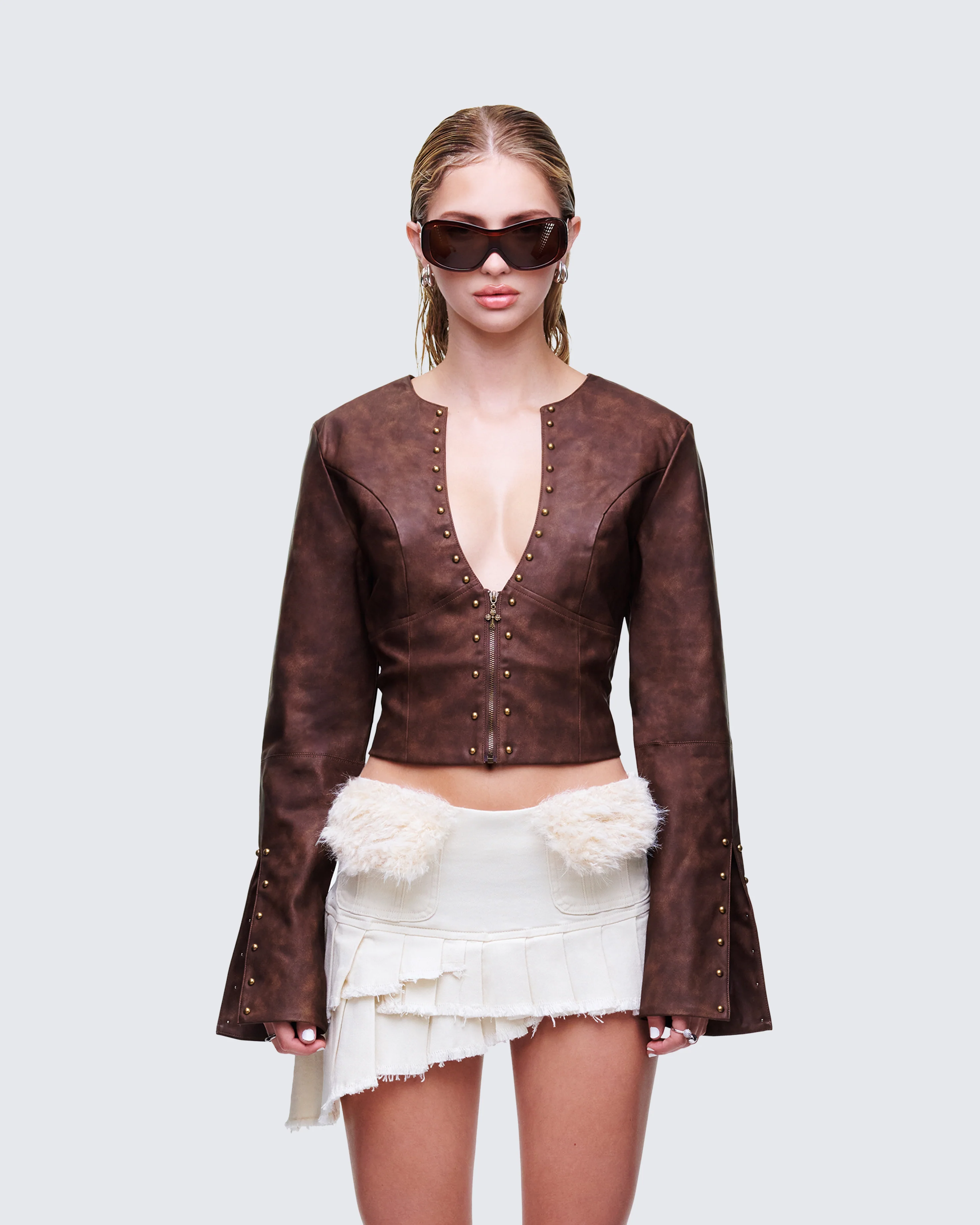Viatrix Brown Vegan Leather Studded Jacket - Image 2