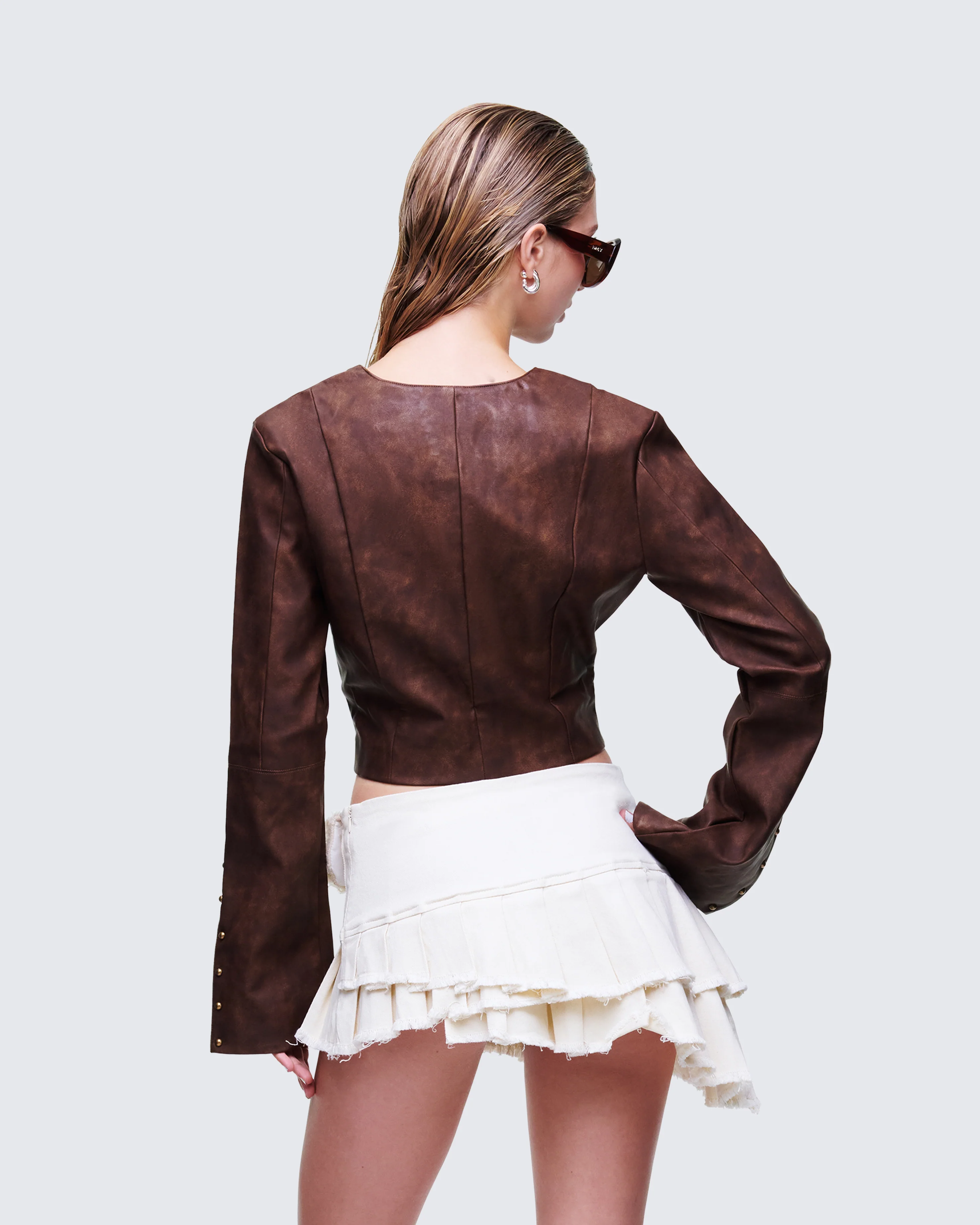 Viatrix Brown Vegan Leather Studded Jacket - Image 4
