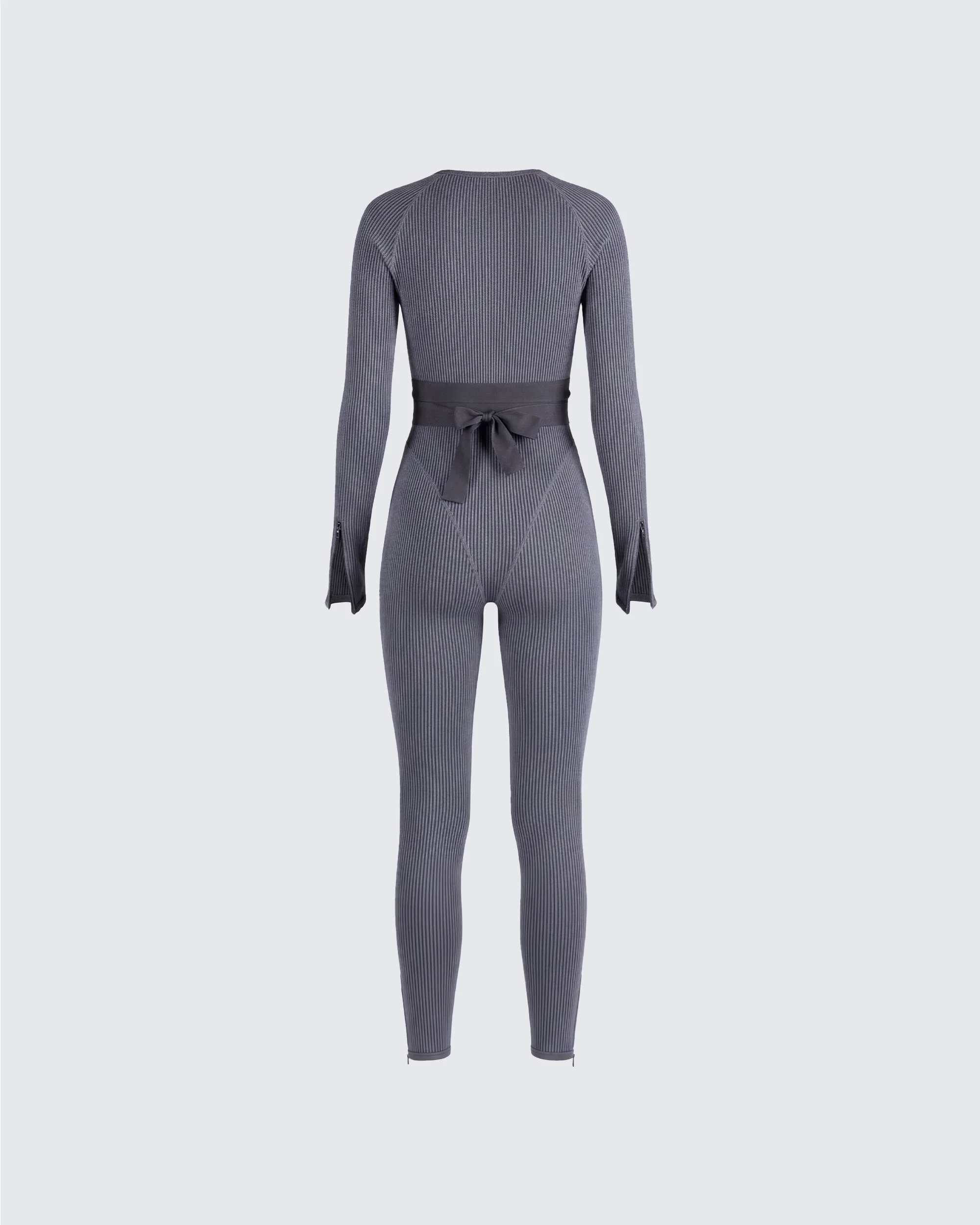 Vilma Grey Rib Zip Jumpsuit - Image 2