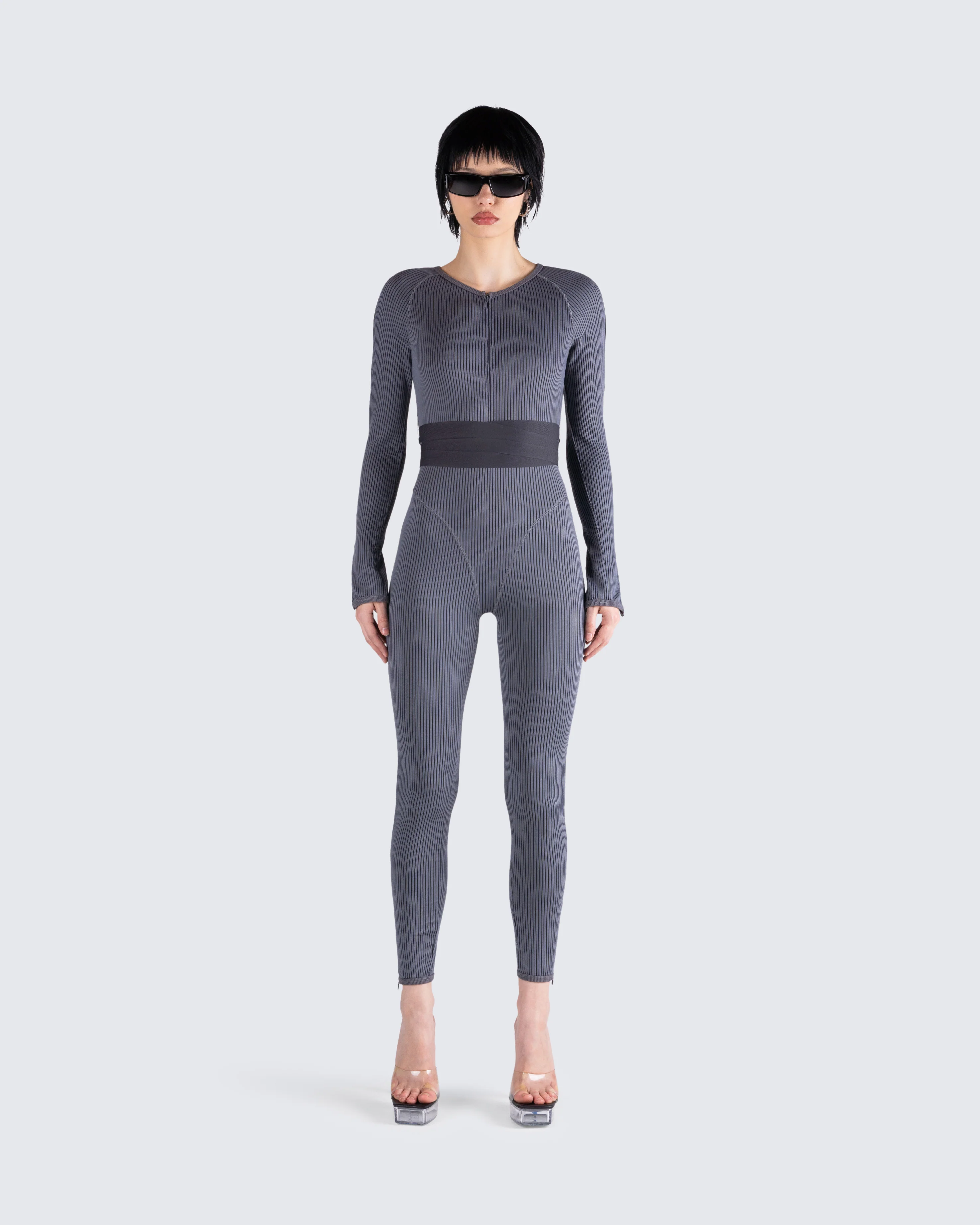 Vilma Grey Rib Zip Jumpsuit - Image 3