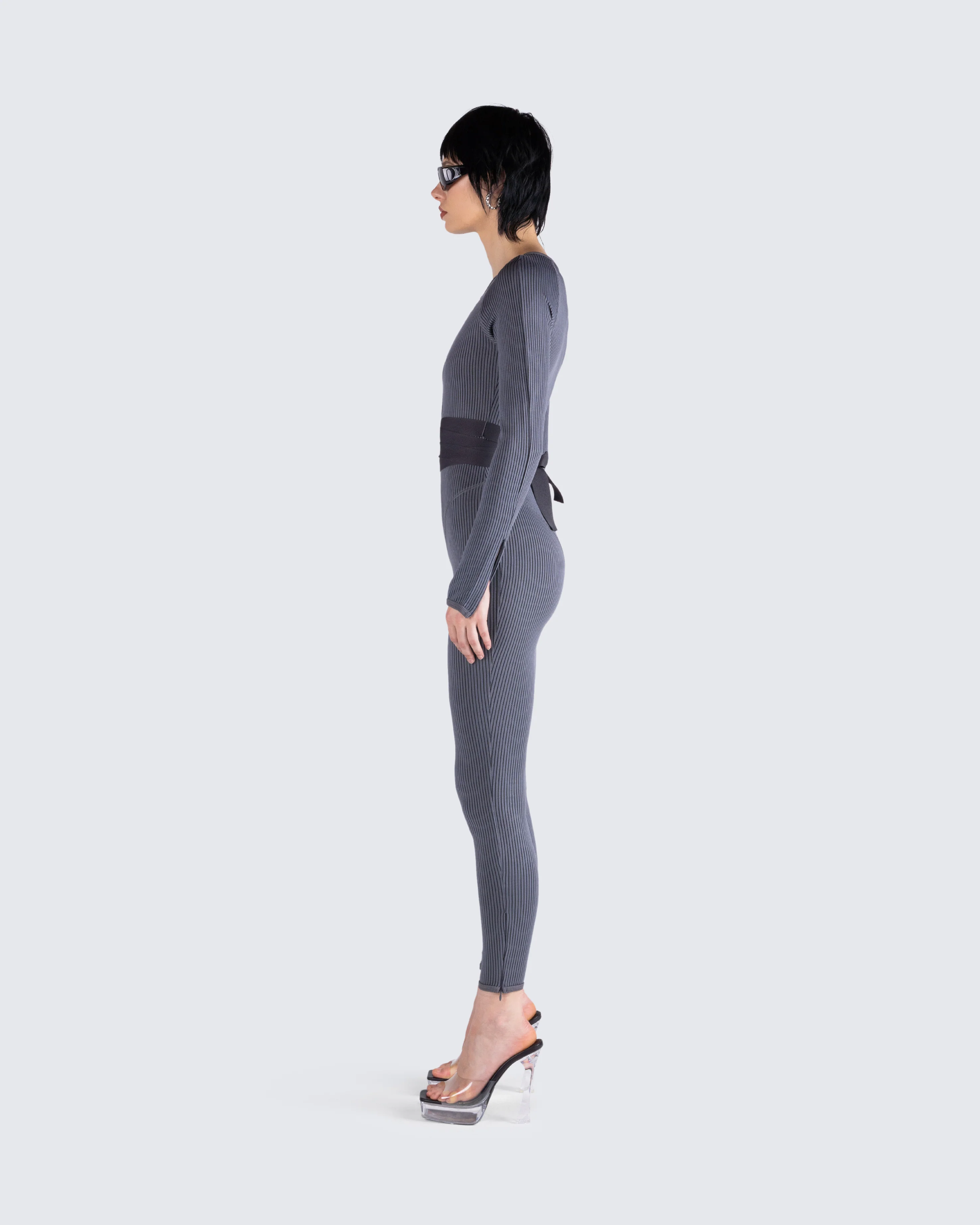 Vilma Grey Rib Zip Jumpsuit - Image 4