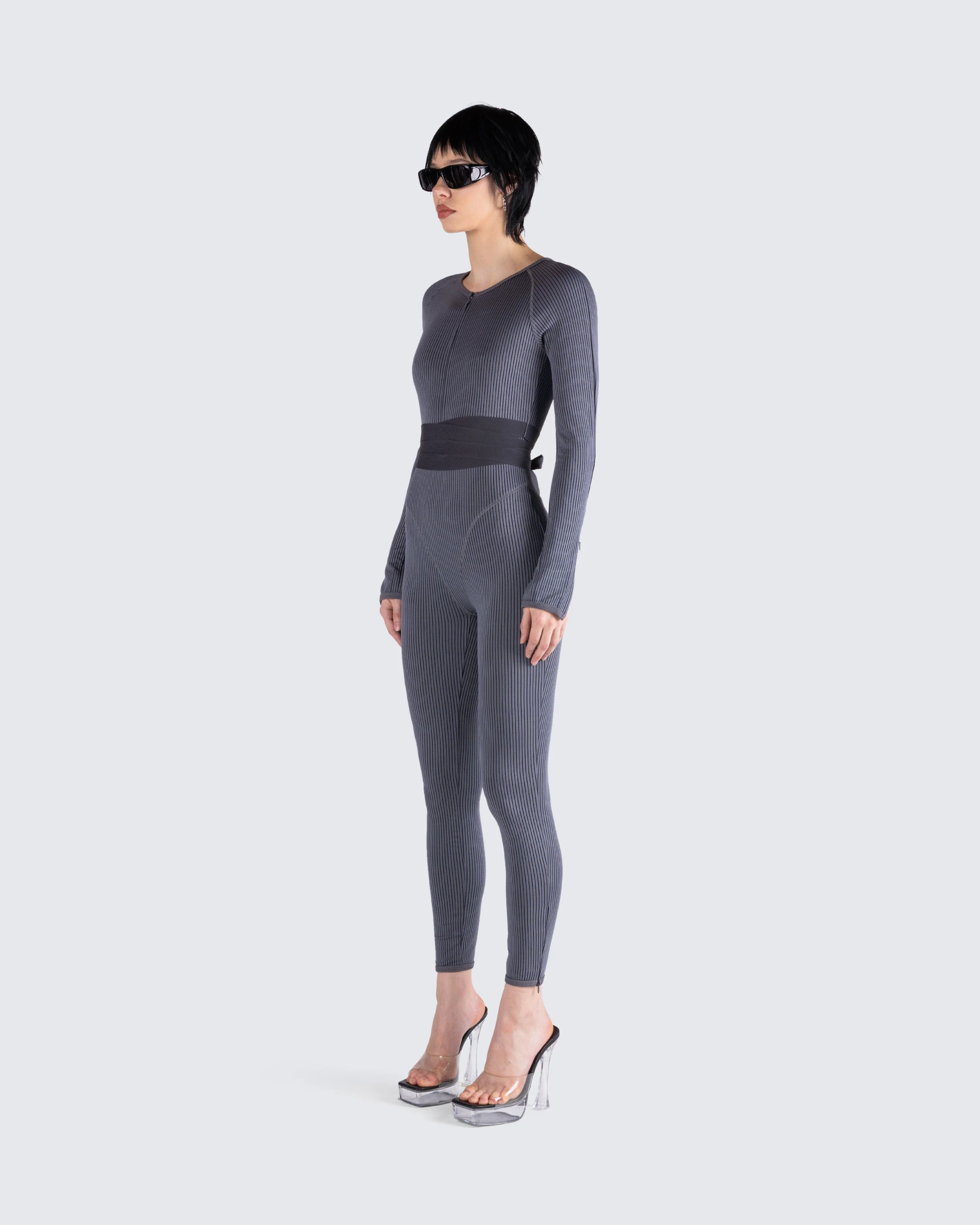 Vilma Grey Rib Zip Jumpsuit - Image 6