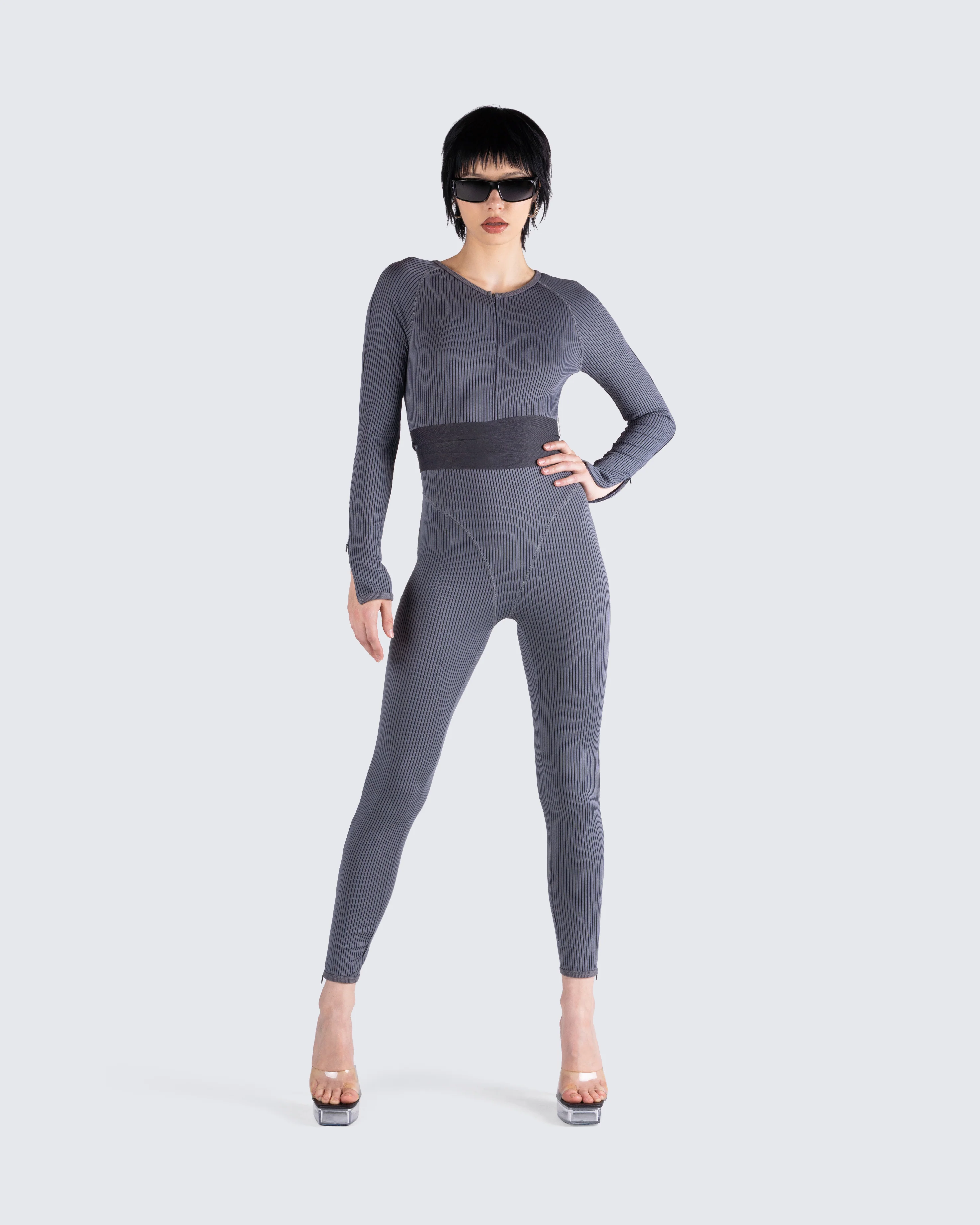 Vilma Grey Rib Zip Jumpsuit - Image 7