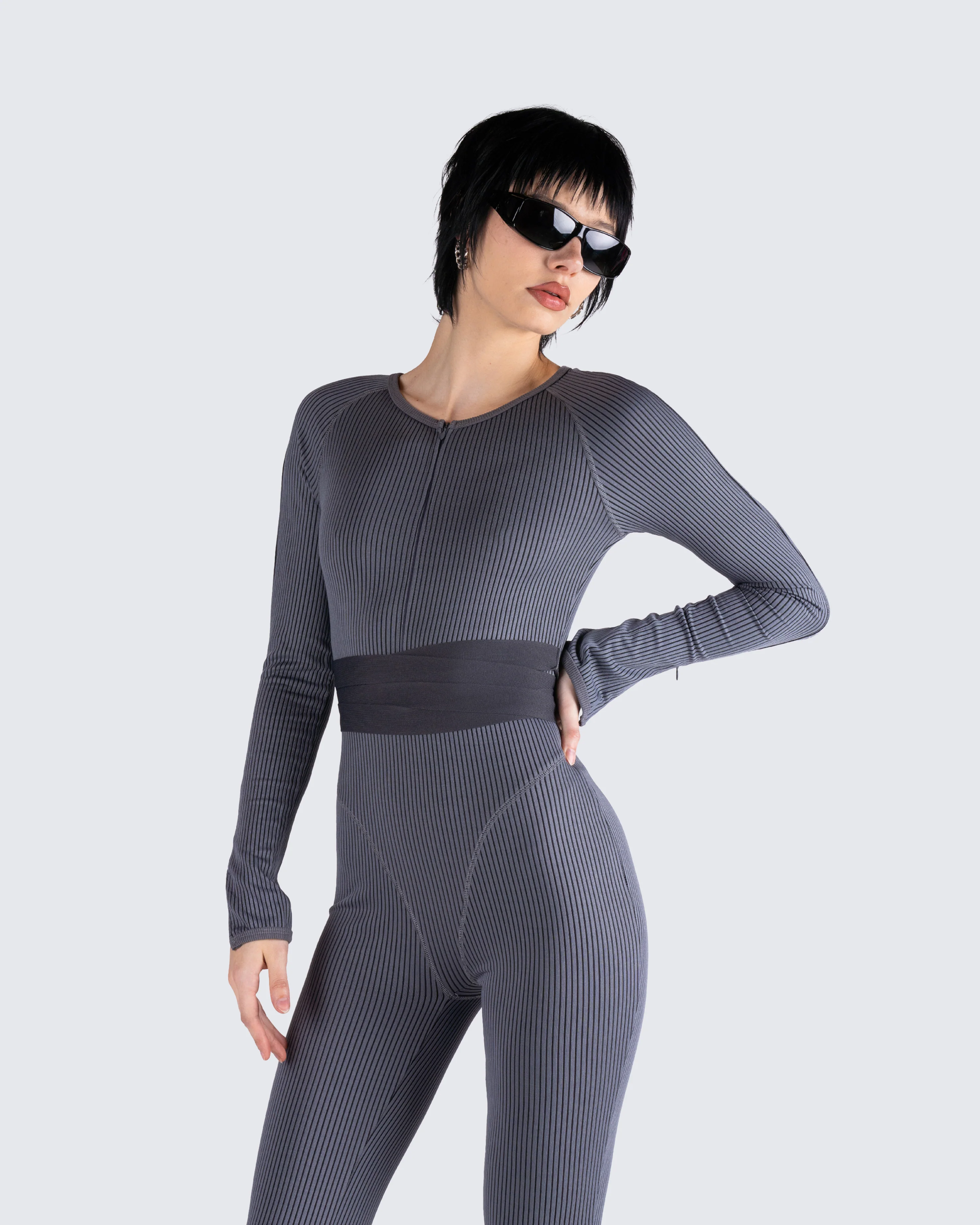 Vilma Grey Rib Zip Jumpsuit - Image 8