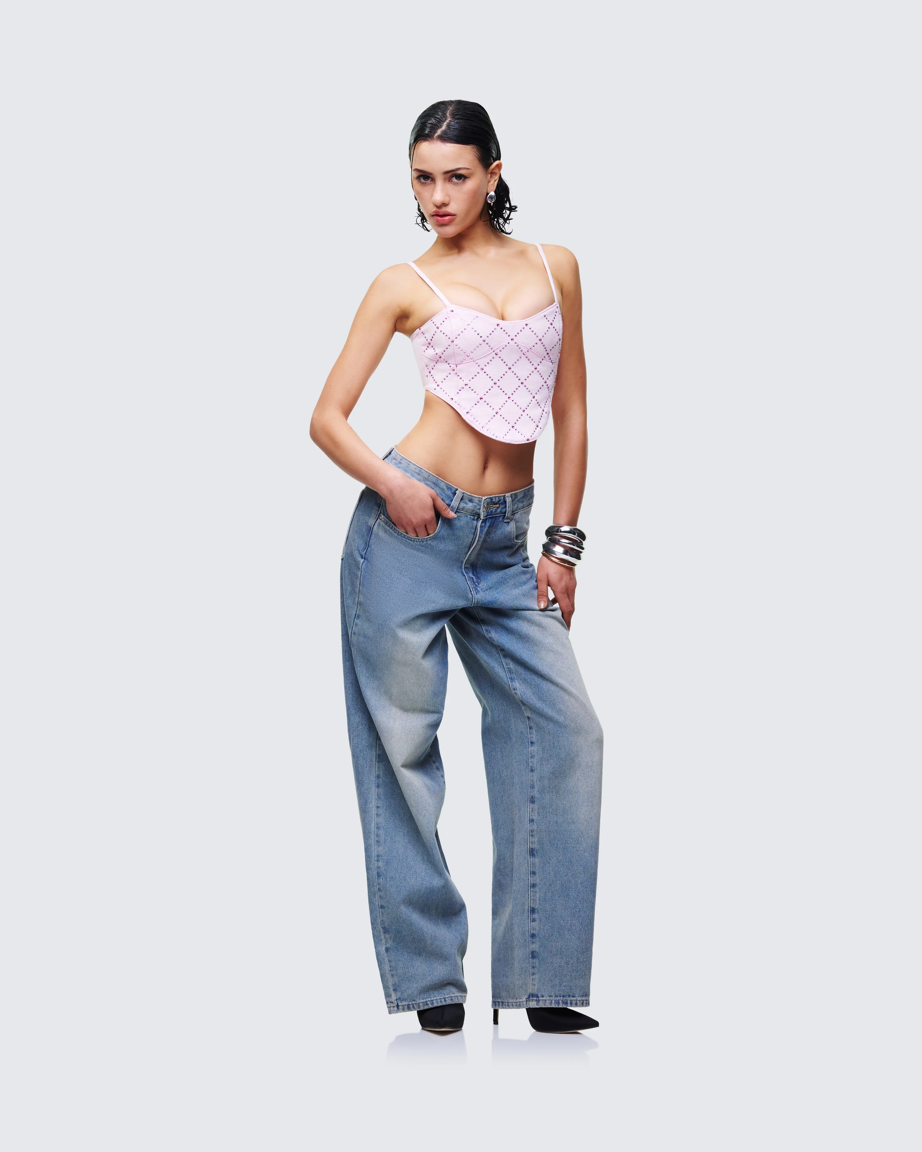 Viora Pink Acid Denim Diamonte Corset Top - Image 5