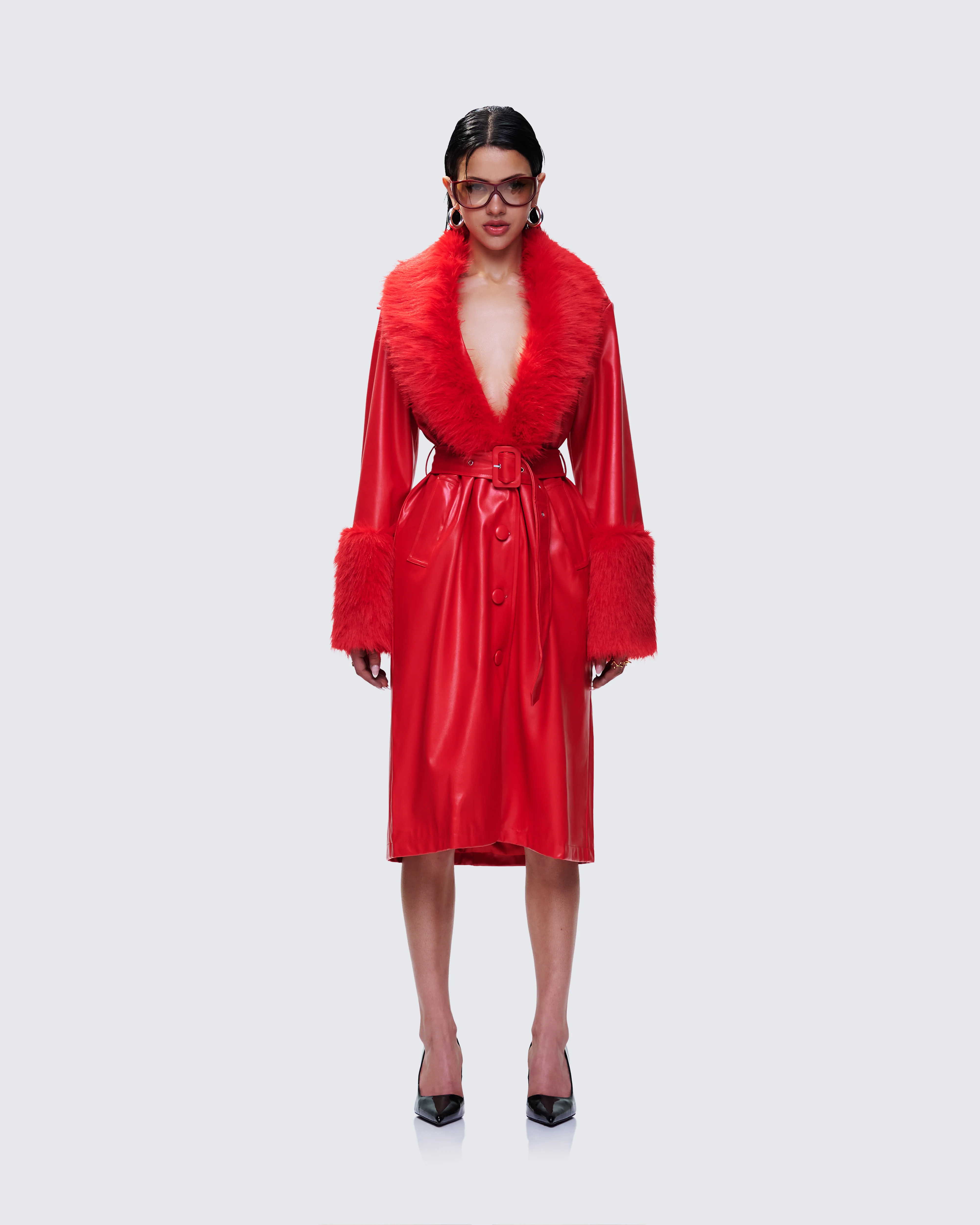 Willa Red Vegan Fur Leather Coat - Image 3