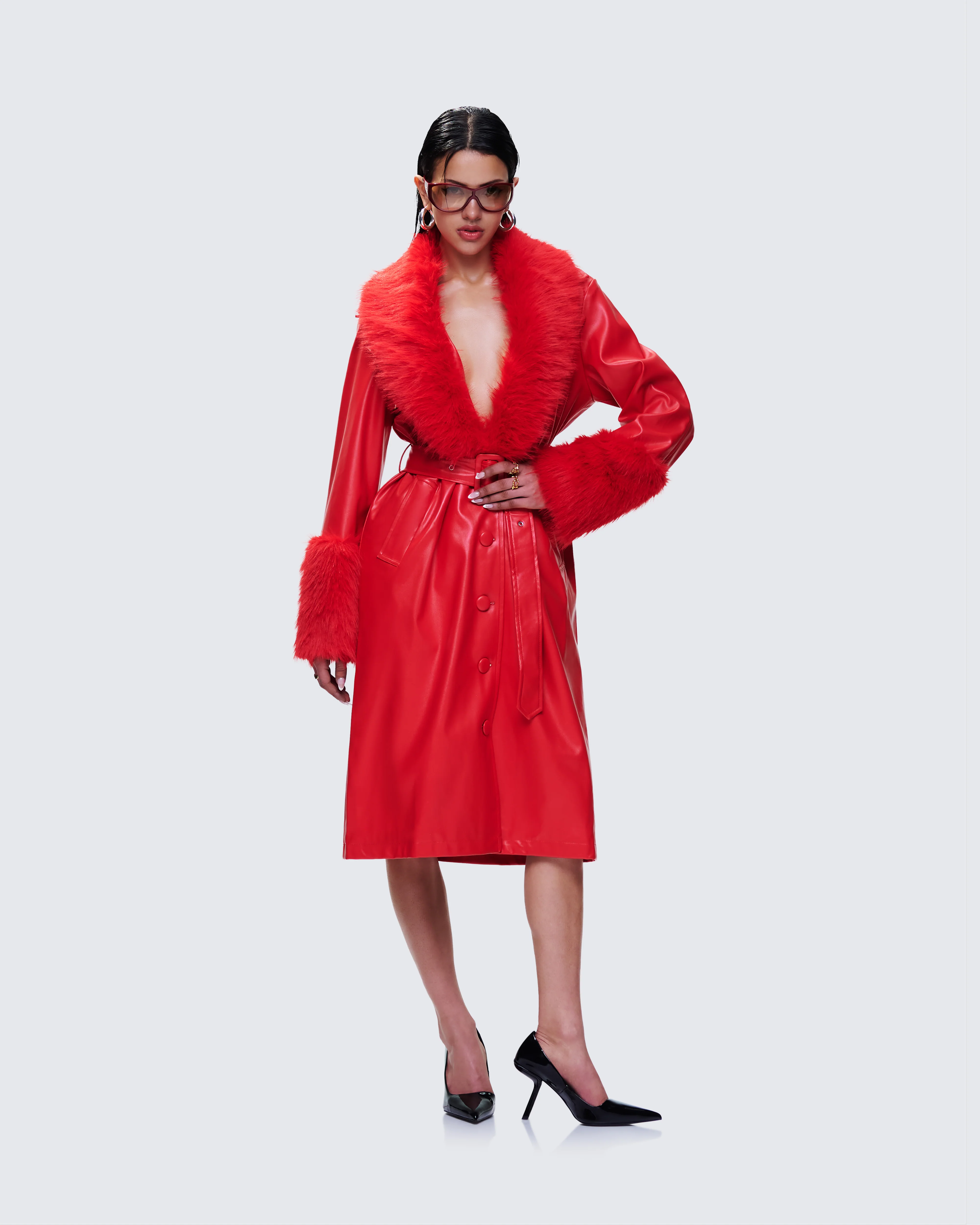 Willa Red Vegan Fur Leather Coat - Image 4