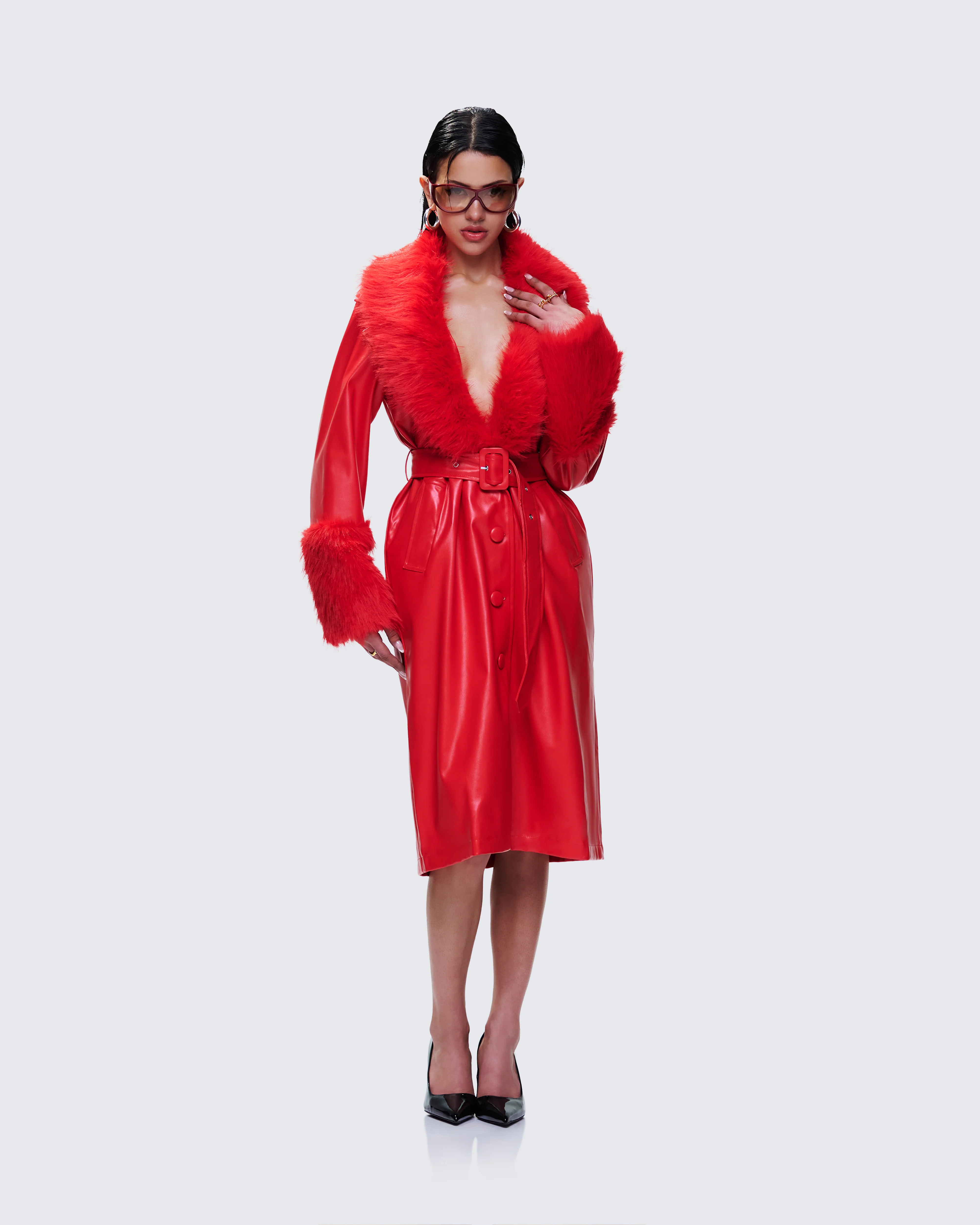 Willa Red Vegan Fur Leather Coat - Image 5