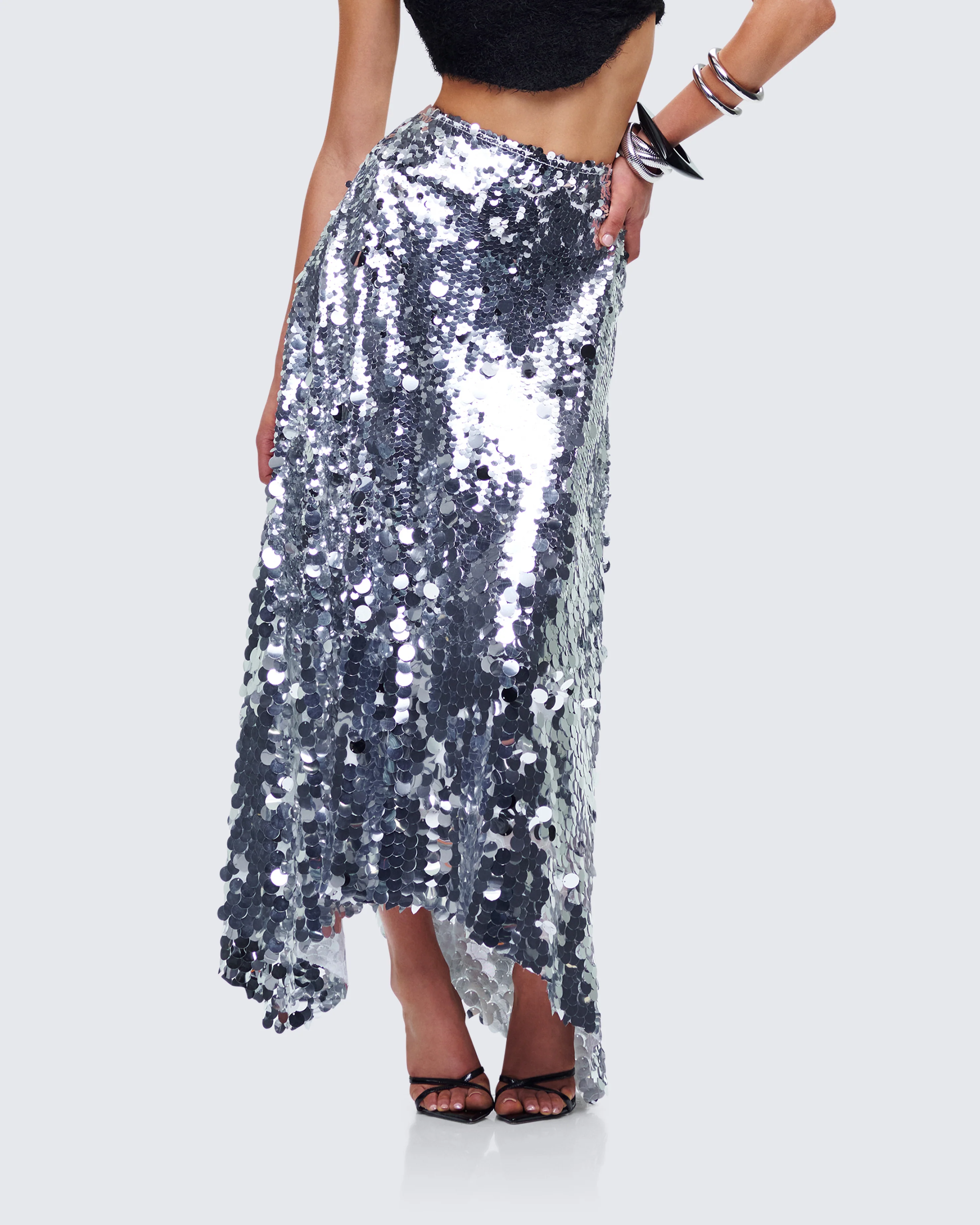 Wyn Metallic Silver Sequin Maxi Skirt - Image 5