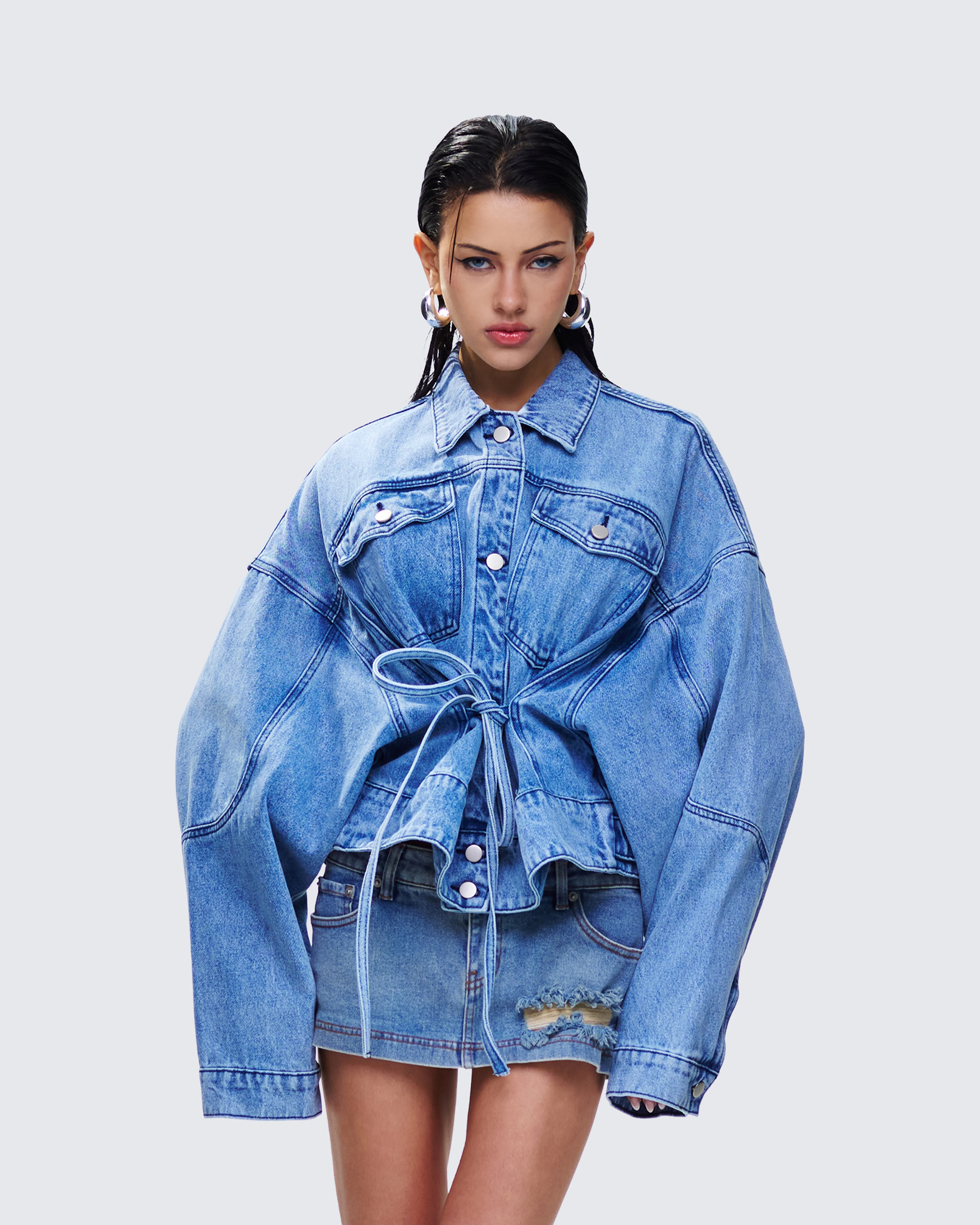 Yui Blue Denim Oversized Cropped Jacket - Image 5