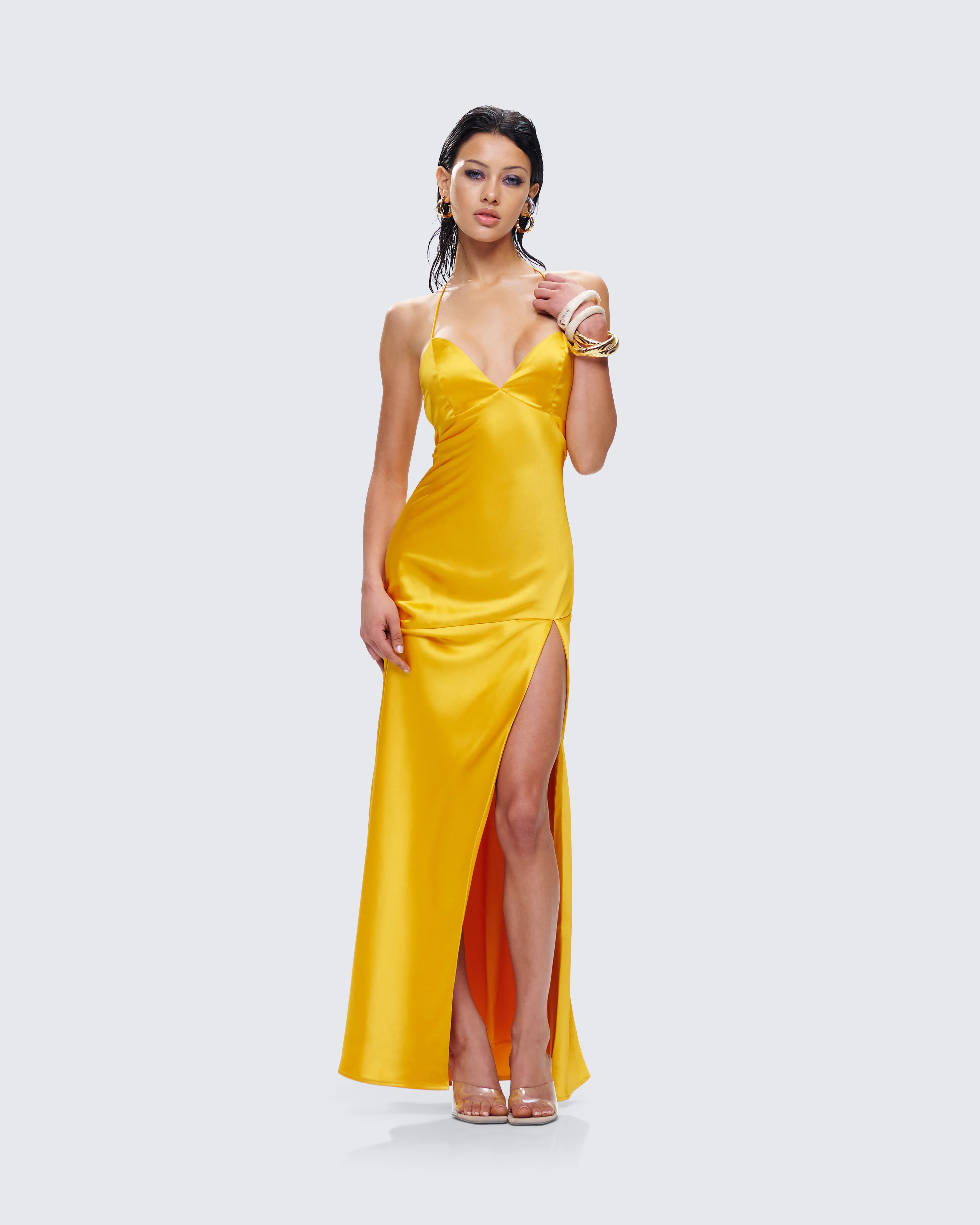 Zabel Orange Satin Maxi Dress - Image 6